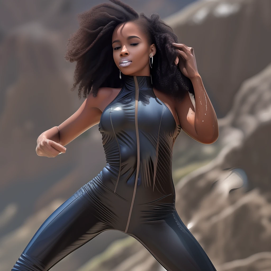 Afroamericano, modelo, cuerpo perfecto, dollface, muy corto, hilo dental ?????, metido entre las nalgas, vista trasera, ropa transparente, rostro hermoso, Wet, hiperrealista y extremadamente detallado el cuerpo, Face and anatomical proportions, mirada sensual, cuerpo completo, on top of a rocky mountain, aves volando cerca.