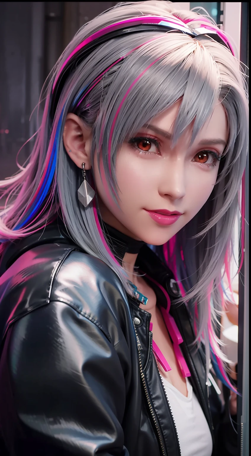 lucy \(cyberpunk\), 1girl, hair scrunchie, hime cut, silver hair, colored tips, full moon, grey eyes, jacket, long sleeves, looking at viewer, medium hair, multicolored hair, parted bangs, parted lips, pink hair, portrait, red eyeliner, red lips, solo, white jacket, cyberpunk \(series\), rainy night in a cyberpunk city with glowing neon lights