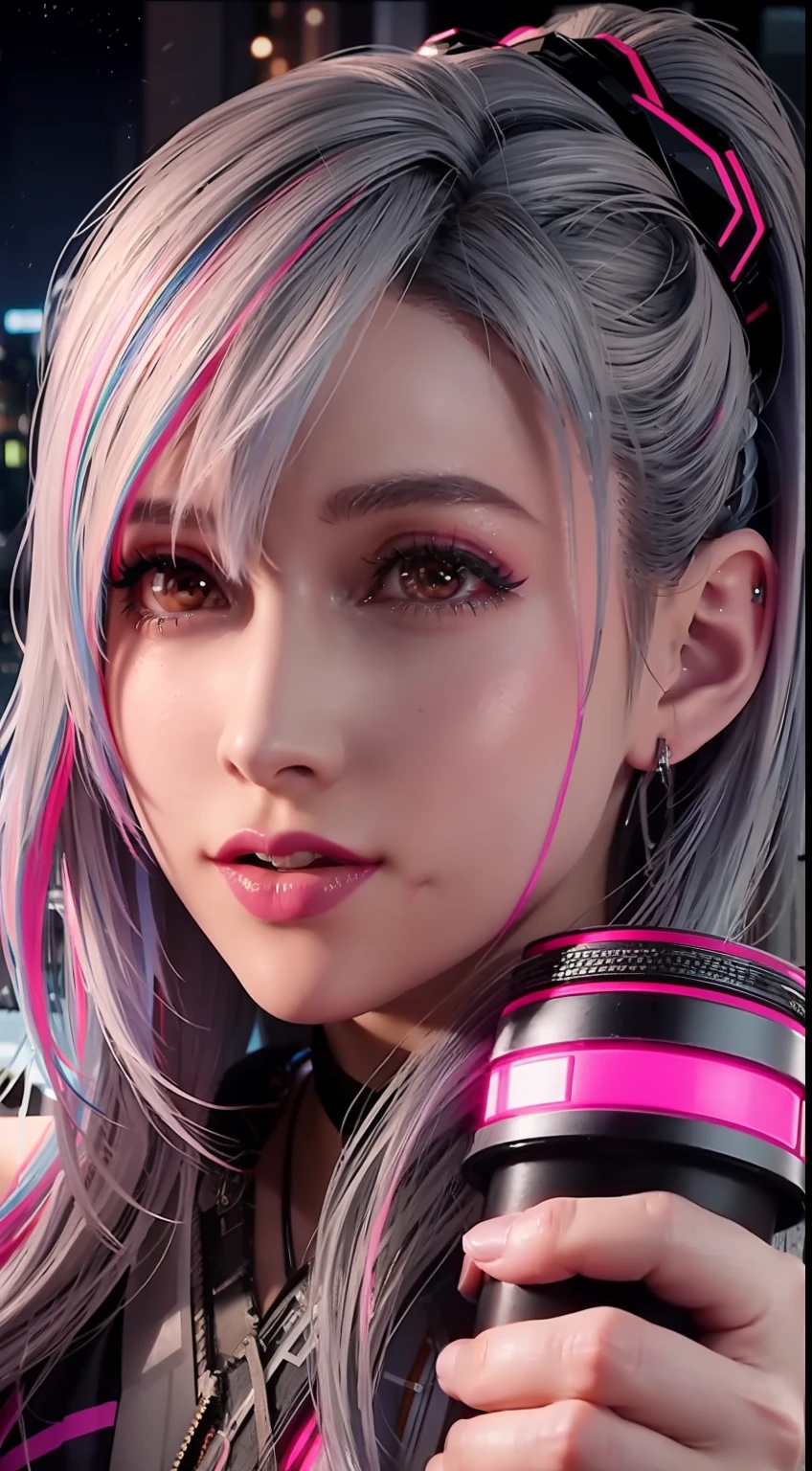 lucy \(cyberpunk\), 1girl, hair scrunchie, hime cut, silver hair, colored tips, full moon, grey eyes, jacket, long sleeves, looking at viewer, medium hair, multicolored hair, parted bangs, parted lips, pink hair, portrait, red eyeliner, red lips, solo, white jacket, cyberpunk \(series\), rainy night in a cyberpunk city with glowing neon lights