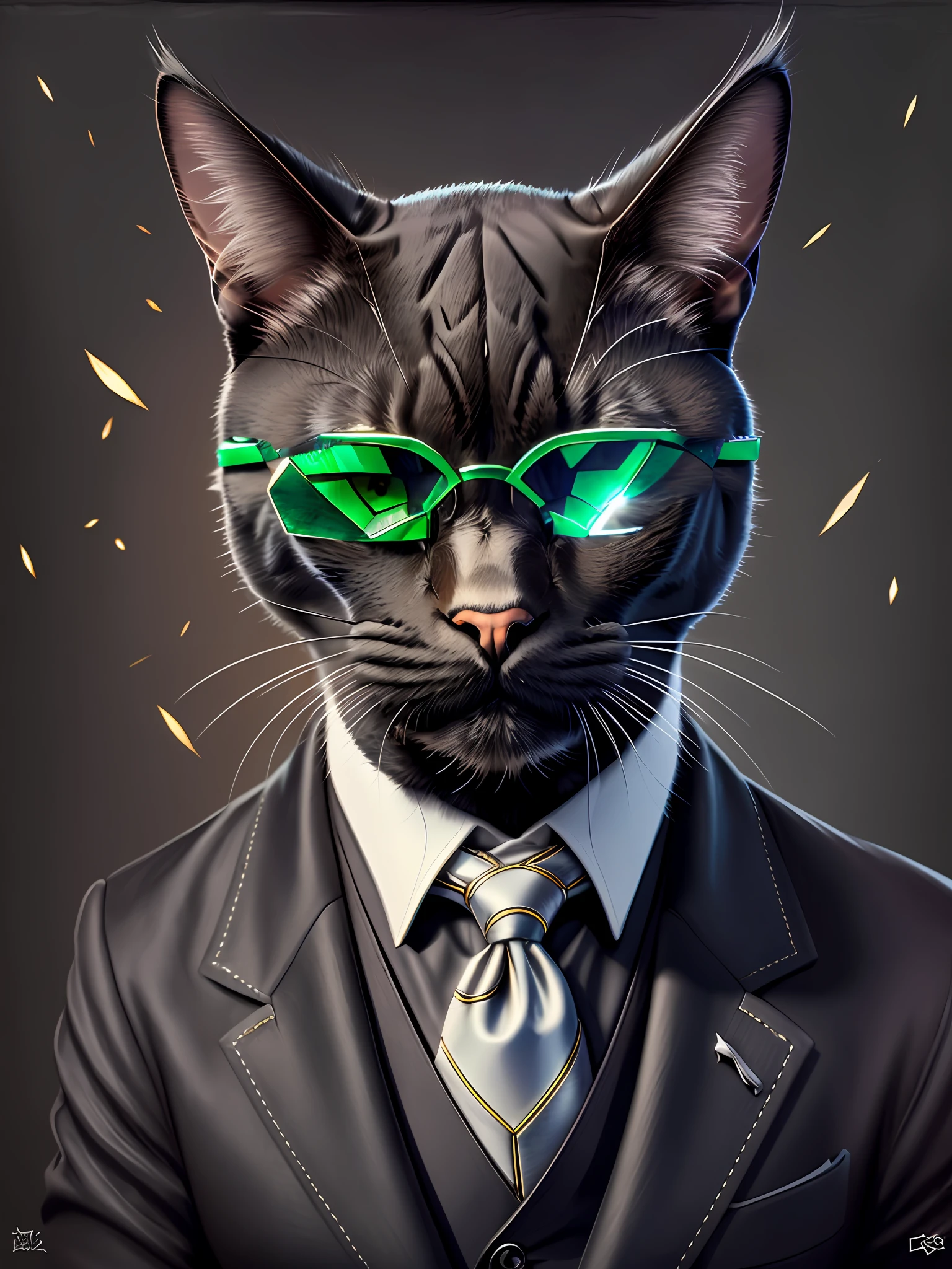 "Green emerald cat eyes, transparent glasses."