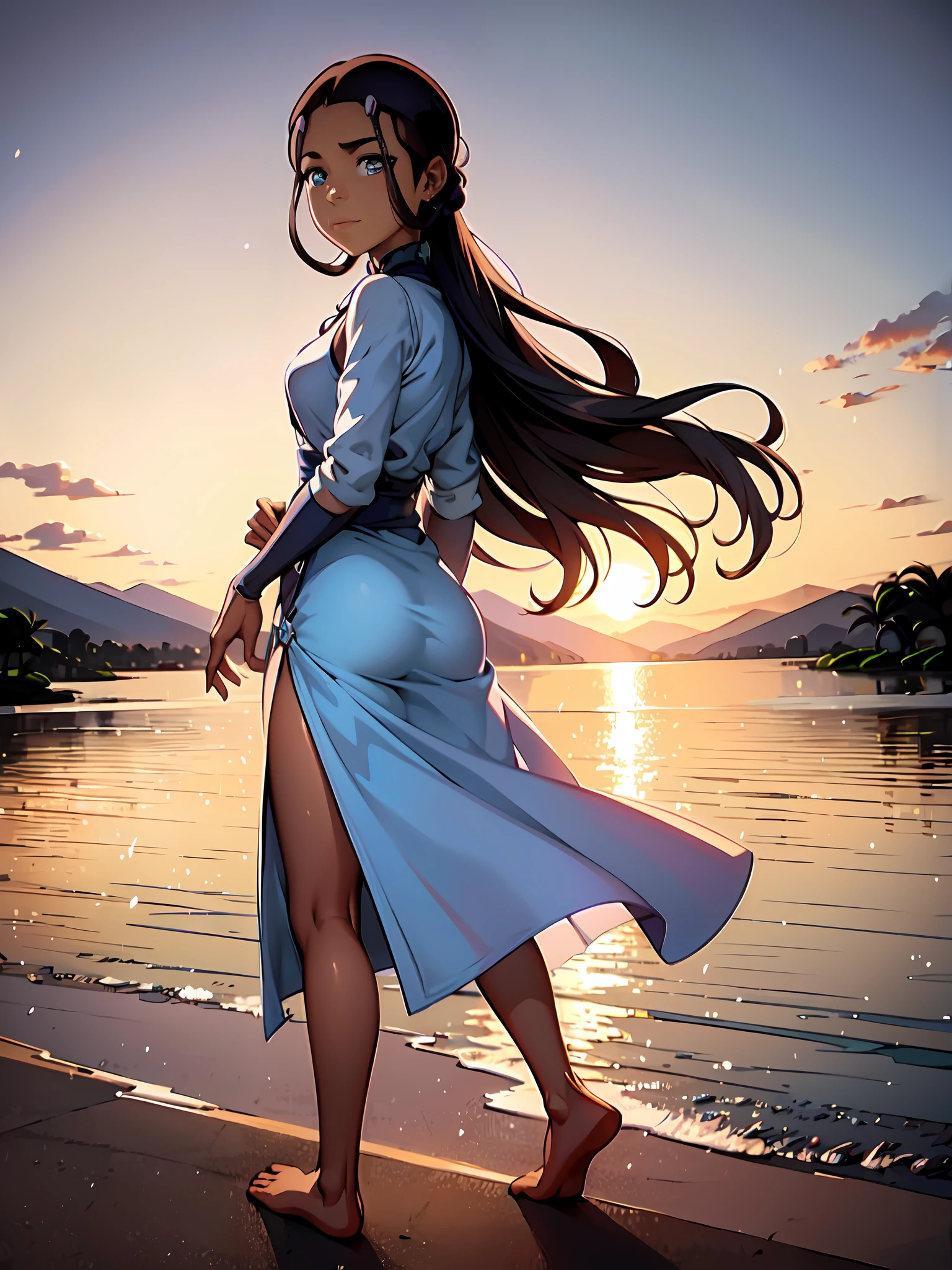 Obra maestra, La mejor calidad, teen ((Katara)), Entonado, dark skin, trenza, jewely, Mirando al espectador, vestido corto, vestido levantado, vestido blanco, on the river, sol, Revelar bajo vestido, normales senos, no shoes , Mostrar bragas blancas,  (ojos azules:0.6)