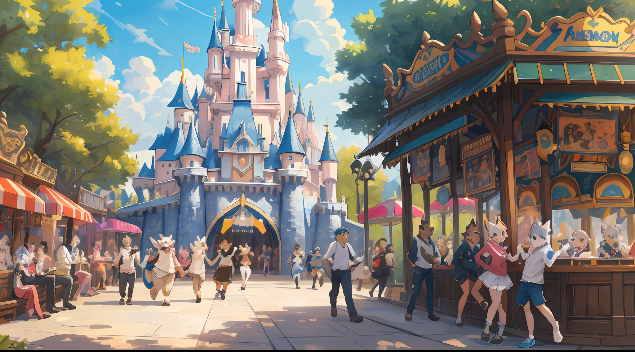 top quality, best quality, High-quality illustrations, masterpiece, super high resolution, detailed background, detailed background, An amusement park, Disneyland, group shot:0.5, 6+boys, 6+girls, Happy, joyful, absurdres(highly detailed beautiful face and eyes)perfect anatomy(Photos taken with friends)(kemono, furry anthro),