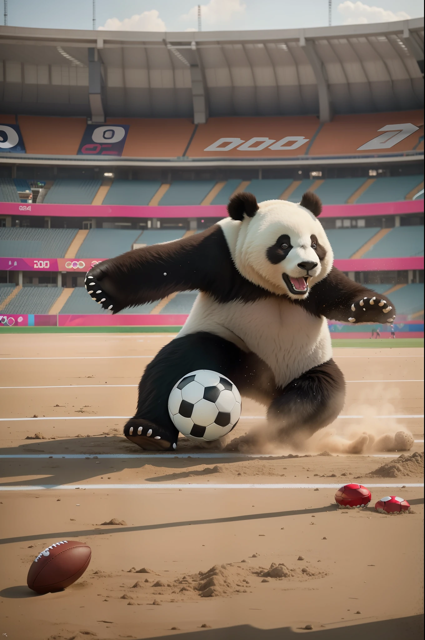 Panda plays football at the Olympics, dust kicked up,Games, sports arena, Cheer for the critters, sichuan, rays of sunshine, 8K UHD, high qulity, filmgrain, realisticlying, photographrealistic, photographrealistic, Sony FE GM,85mm, Super detail, Masterpiece