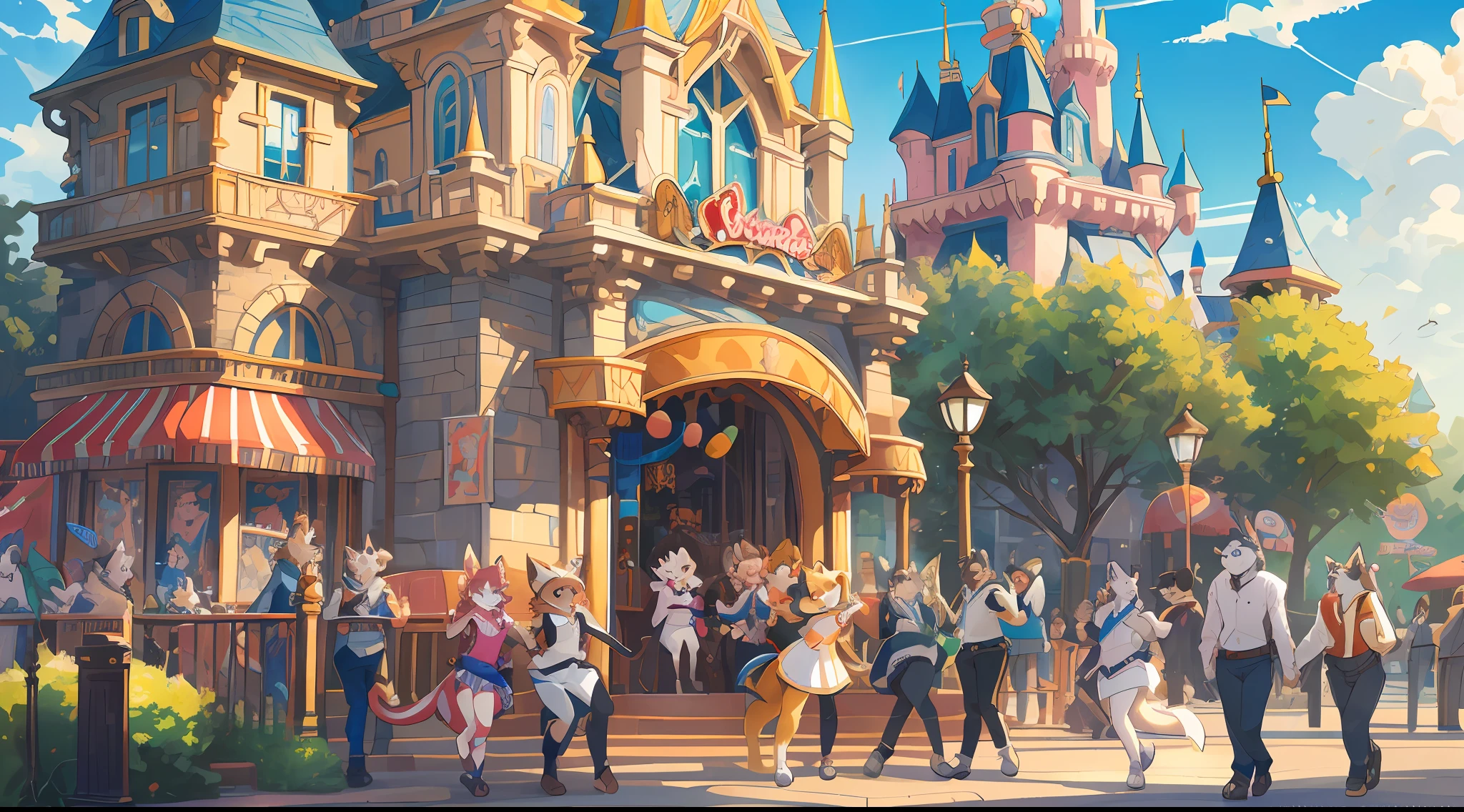 top quality, best quality, High-quality illustrations, masterpiece, super high resolution, detailed background, detailed background, An amusement park, Disneyland, group shot:0.5, 6+boys, 6+girls, Happy, joyful, absurdres(highly detailed beautiful face and eyes)perfect anatomy(Photos taken with friends)(kemono, furry anthro),