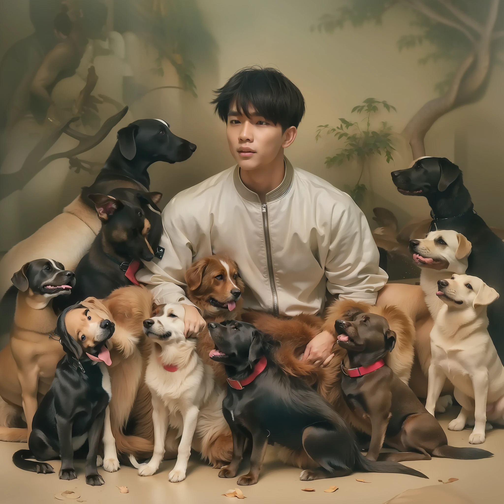 a young man sitting in front of a group of dogs with his hands on his chest and his face to his chest, phuoc quan, Fan Kuan, aestheticism, a stock photo