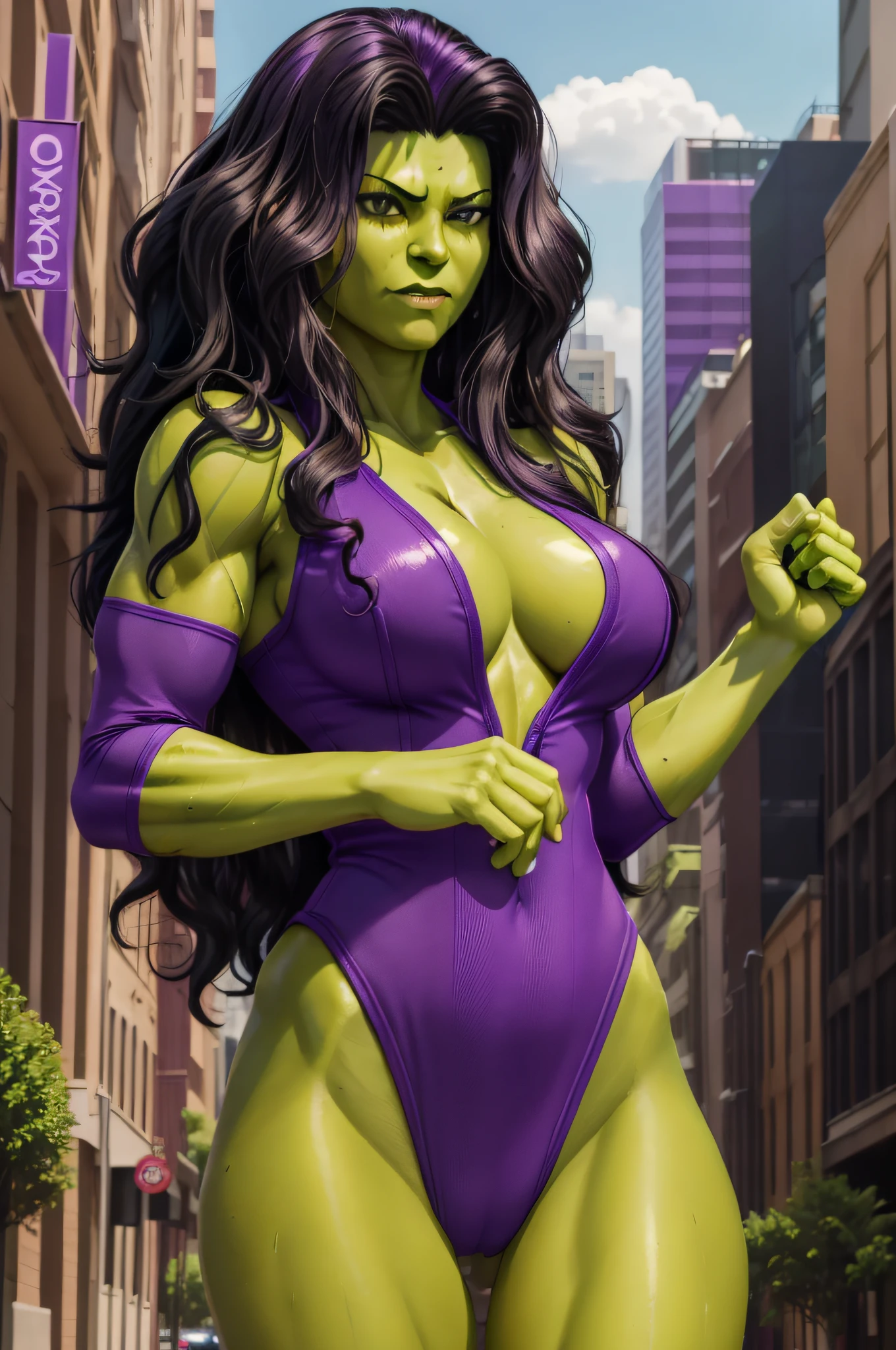 extremely detaild portrait of a sexy ((She-Hulk)), (standing on street), ((green skin)), wears ((sexy purple bodysuit)), (black wavy hair), fit body, sexy pose, sultry, sexy, hot, shapely, fine detail, hyper realistic, HD, 4K, definition, texture, perfect detail, perfect face, beautiful, hyperrealism, trending on artstation