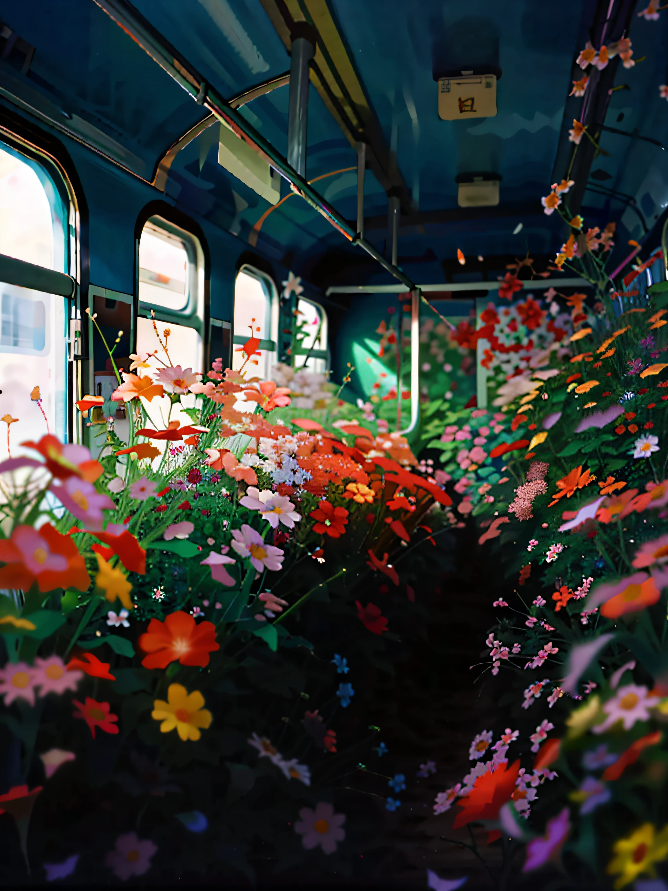 The flowers grow on the inside of train cars, rinko kawauchi, an aesthetic field of flowers, Flowers everywhere, author:Koichiro Kume, author:Shinki Shiro, Full of flowers, there's flowers everywhere, author:Anna Heifesch, flowers sea everywhere, author:Kikukawa Sakaeyama, taken with kodak portra, Two 5 mm ports