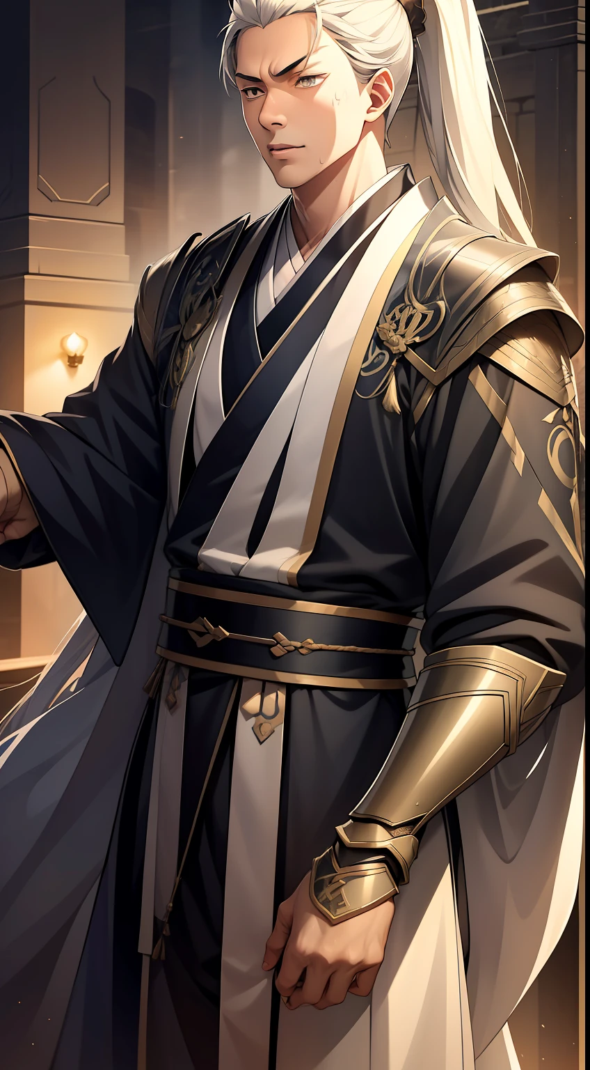 quadratic element,style of anime,mtu(Male Warrior),The proportions are correct,Face details,swordsmen,High ponytail hairstyle,Neck details,There is an Adam's apple,Black Hanfu,kaftan,Embroidered robes,Black robe,clothes details,Handing over,longer sleeves,Game quality,Swordsmanship,Light and shadow tracking,Ray traching,detailed glow,cg render,hair detail,long white hair,Black eyes,Handsome,Handsome,(juvenile sense),Clothing is complicated,Perfectcomposition,Refinement,high qulity,higher details,Lots of details,The background is complex,a sense of atmosphere,