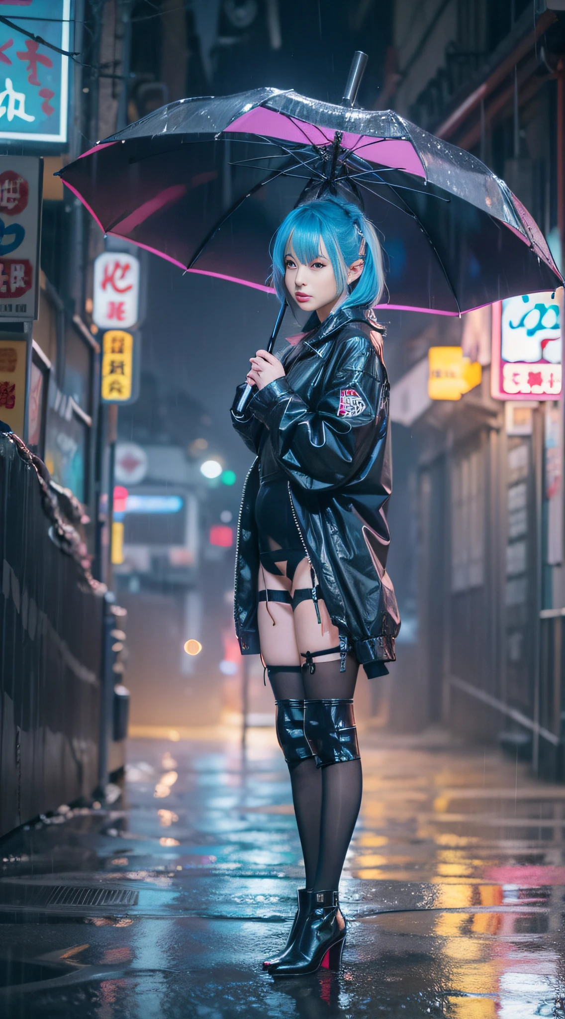 (best quality, masterpiece: 1.3), 1girl, rainy day, fog, alley, umbrella holding, large and transparent umbrella, looking at the viewer, blue hair, facing the photo, cyberpunk city, alone in the alley, neon in the alley, very reflective city, long hair, sized strands going over the alley, bars, Japan, Tokyo, garter belt on one leg, knee pad on the other leg, perfect hand, delicate, night