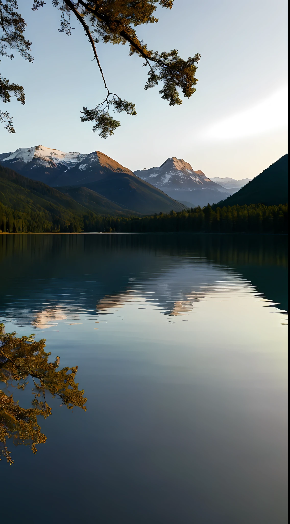 On the lake,Mountains stand in the distance,Natural and majestic。The lake is as calm as a mirror,Reflecting the verdant trees。The figure of the tree stretches out in the lake,A beautiful picture is formed,It gives a sense of tranquility and pleasantness。The sight shows the magnificence and calm of nature,It's heart-warming。