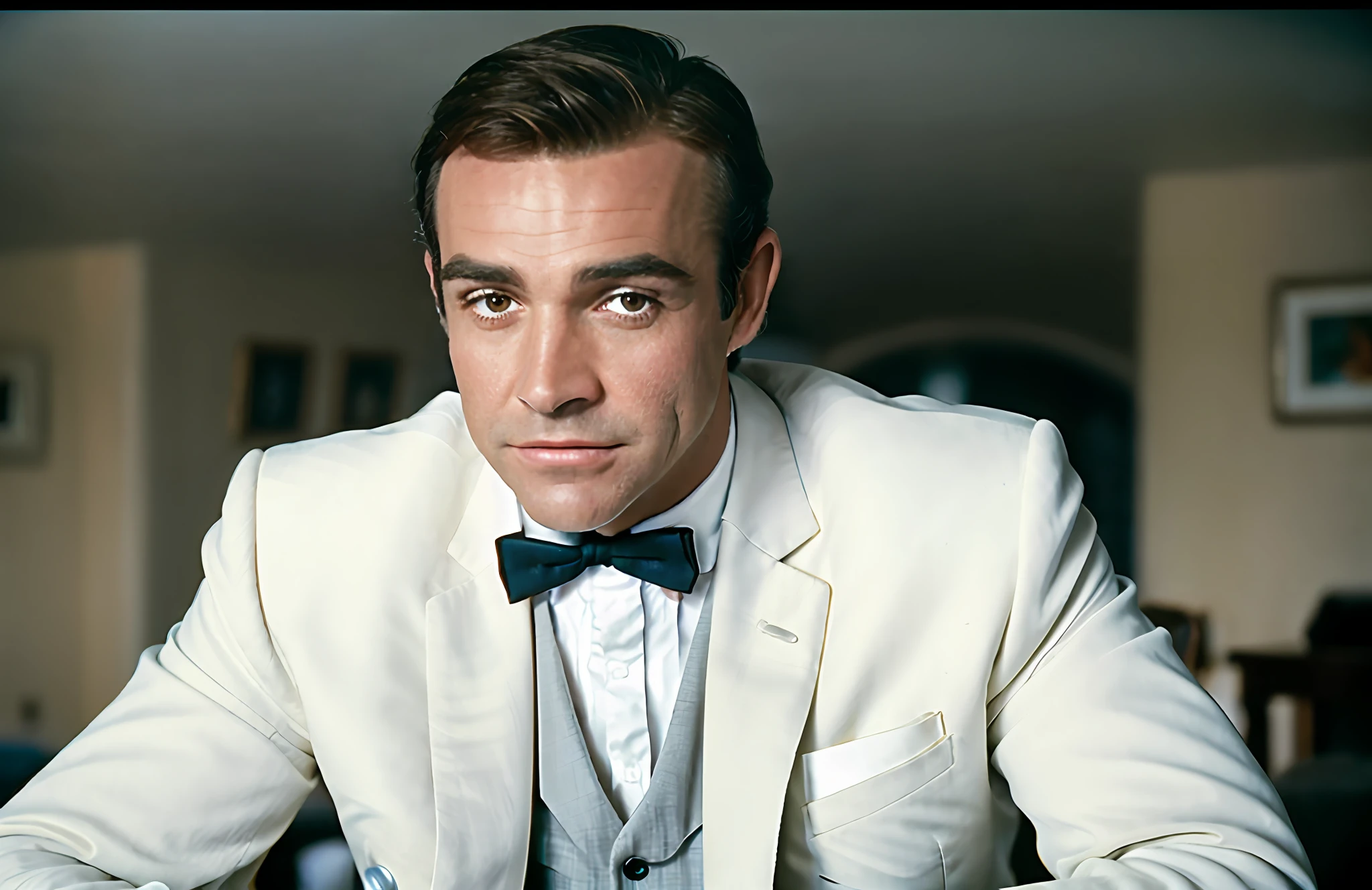 award winning (portrait photo:1.4) of a handsome man, sirsean, sitting playing poker, dressed in a white suit and bowtie, in a beautiful beachfront casino, (shallow depth of field:1.3), by lee jeffries nikon d850 film stock photograph 4 kodak portra 400 camera f1.6 lens rich colors hyper realistic lifelike texture dramatic lighting unreal engine trending on artstation cinestill 800 (vignette:1.3), filmgrain,