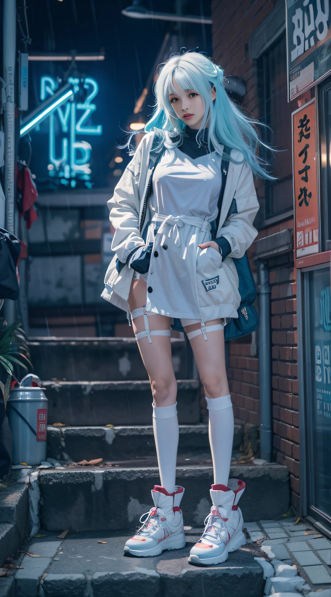 （best qualtiy，tmasterpiece：1.3）， 1girll， rainy days， mist， alleys， looking at viewert， blue  hair， facing the photo， Cyberpunk-city， Alone in the alley， Neon lights in the alley， Very reflective city， long whitr hair， Hair-sized strands cross the alley， Riman， jpn， toyko， Garter belt on one leg， Knee pads on the other leg， perfect hand，delicated，the night