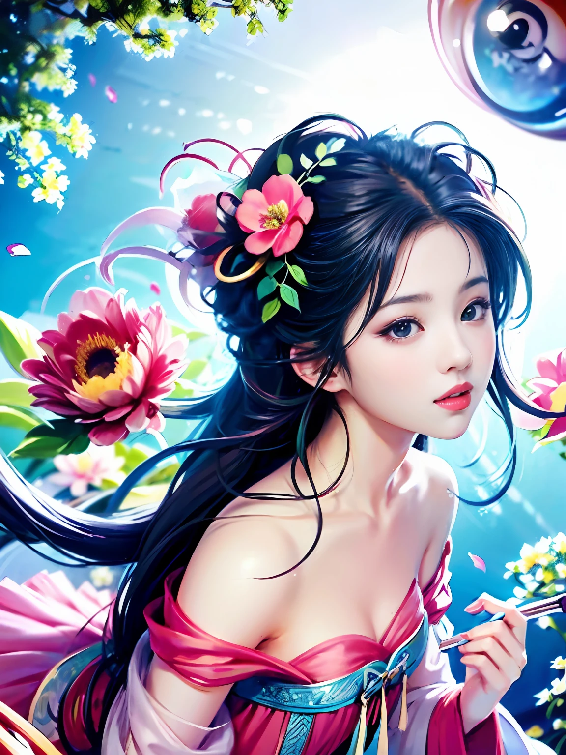 Anime girl with flowers in her hair and pink dress, Guviz, Palace ， A girl in Hanfu, Beautiful character painting, Guviz-style artwork, a beautiful anime portrait, A beautiful artwork illustration, Beautiful anime girl, Beautiful anime woman, Ethereal beauty, Beautiful anime style, in the art style of bowater