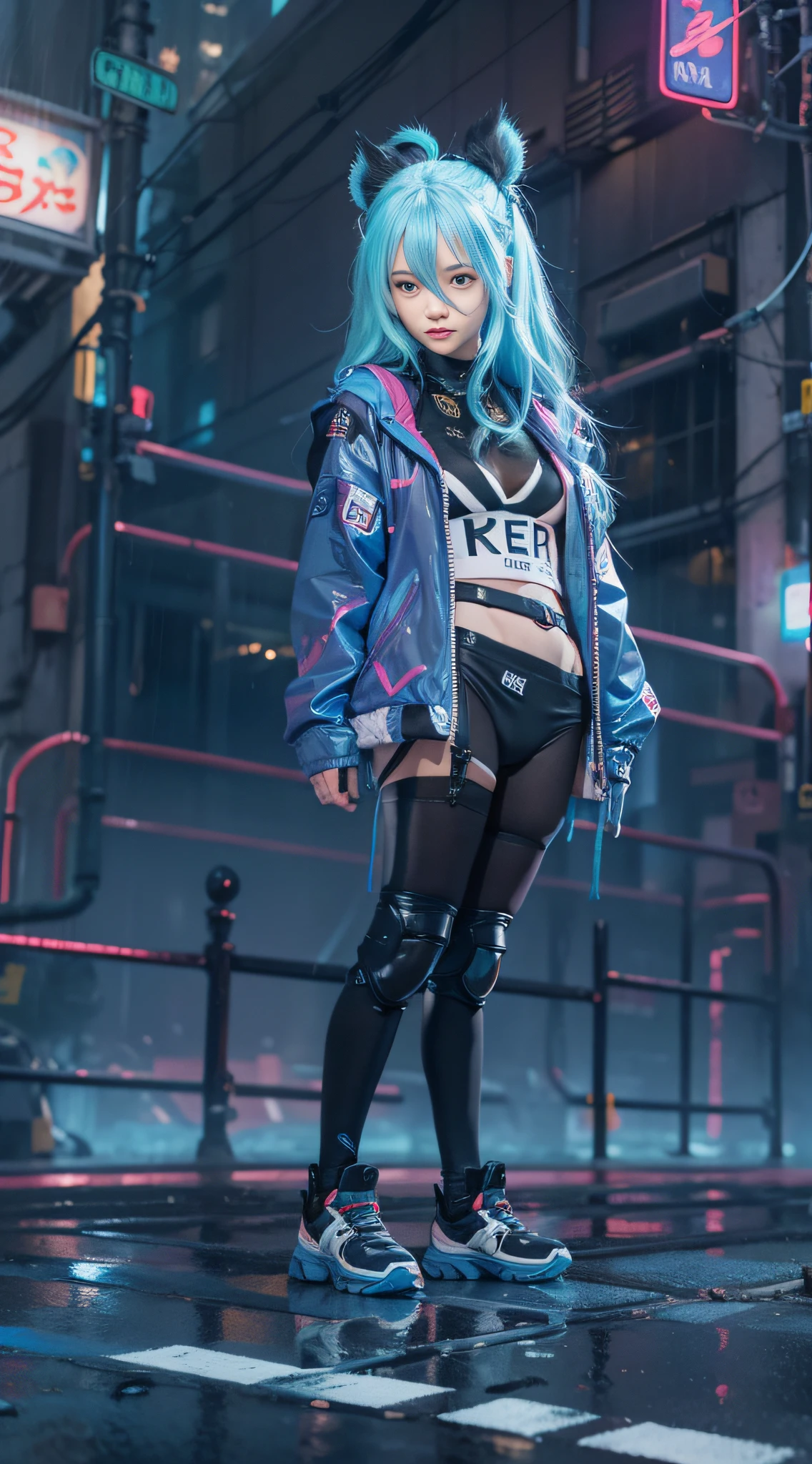 （best qualtiy，tmasterpiece：1.3）， 1girll， rainy days， mist， alleys， looking at viewert， blue  hair， facing the photo， Cyberpunk-city， Alone in the alley， Neon lights in the alley， Very reflective city， long whitr hair， Hair-sized strands cross the alley， Riman， jpn， toyko，Black high-waisted short skirt,thongs，Long black stockings， perfect hand，delicated，the night