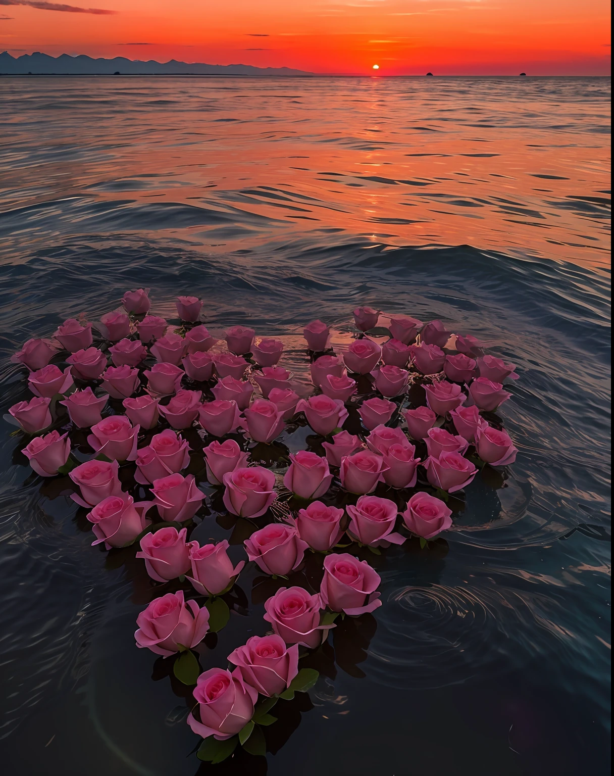 there are many pink roses floating in the water at sunset, in a tropical beach with a tropical jungle in the background, vibrance