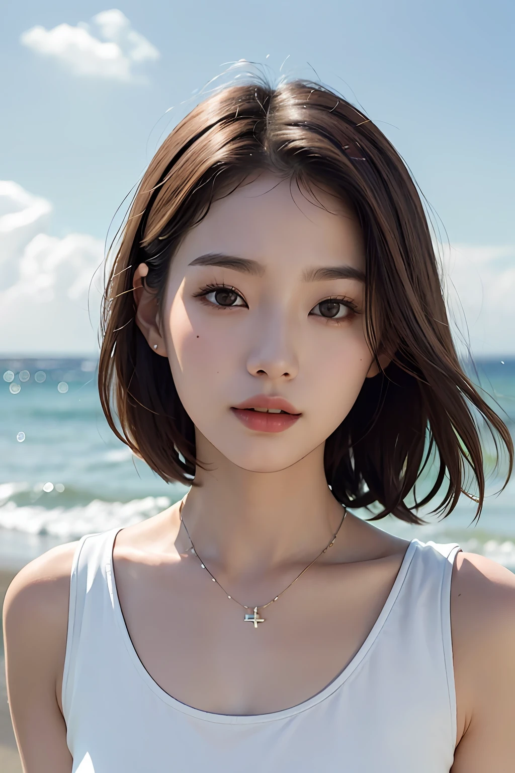 hightquality、masterpiece、超A high resolution、((Asian beauty face))、Beautiful adult woman、a closeup、Thin makeup、ssmile、Light brown short-cut hair、Small necklace、White sleeveless shirt、Cloudy seaside、Rough seas、cloudiness、strong breeze、black clouds、