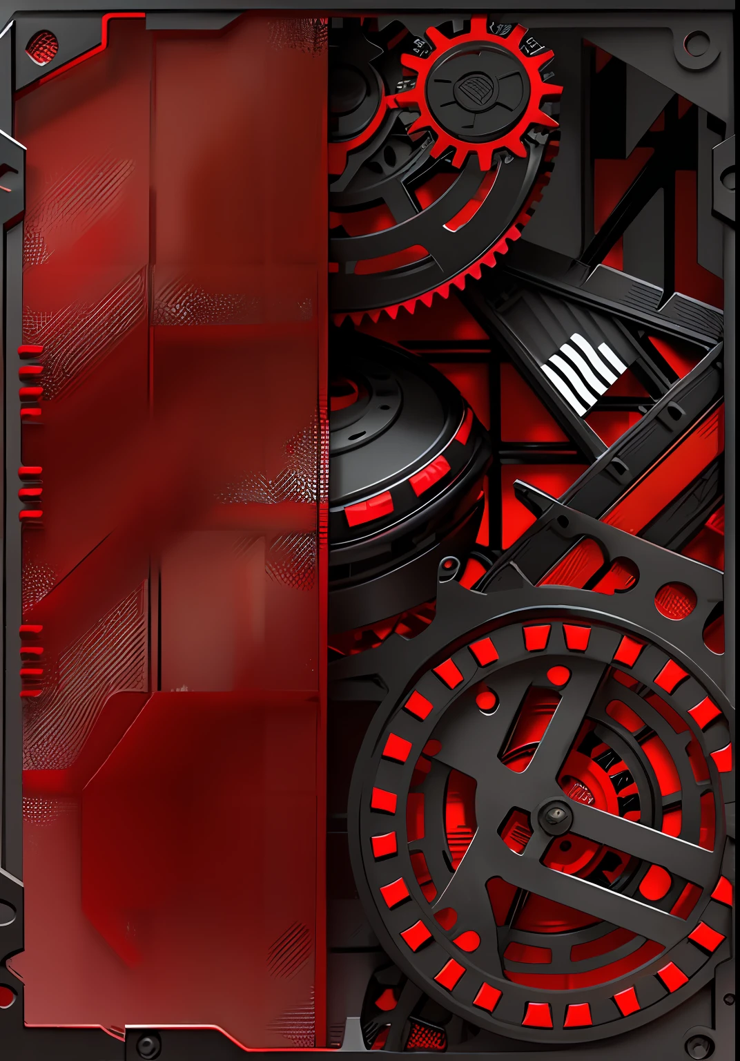 Close up with red and black background with black and white logo, black and red only!!!, Red and black color, Red and black, Has a matte finish,The black part has a matte finish,The black part has the word ACM in red!!!!The red part has a frosted glass texture,With gears