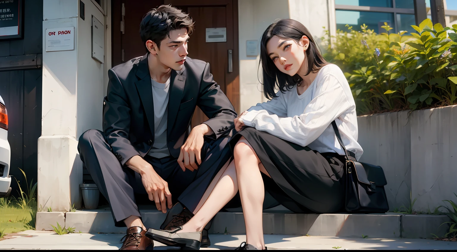 a young man and a woman,Roadside,sitting on a curb,to talk