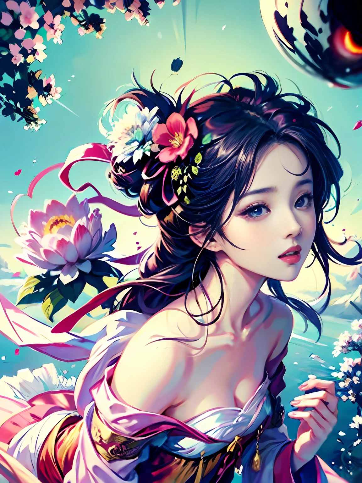 Anime girl with flowers in her hair and pink dress, Guviz, Palace ， A girl in Hanfu, Beautiful character painting, Guviz-style artwork, a beautiful anime portrait, A beautiful artwork illustration, Beautiful anime girl, Beautiful anime woman, Ethereal beauty, Beautiful anime style, in the art style of bowater