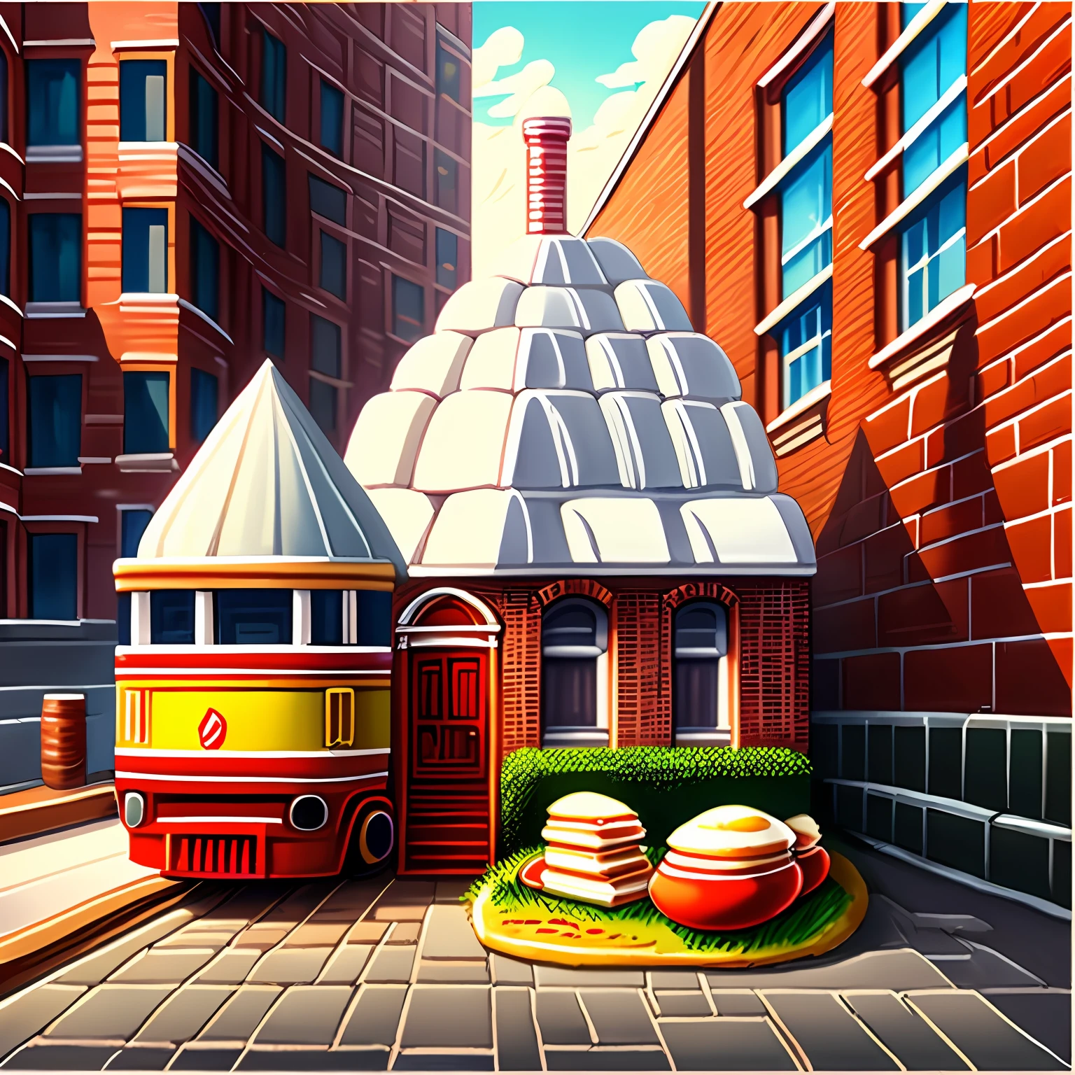 Fluffy egg omelet rice、Brick buildings、an oil painting、ketchup --auto