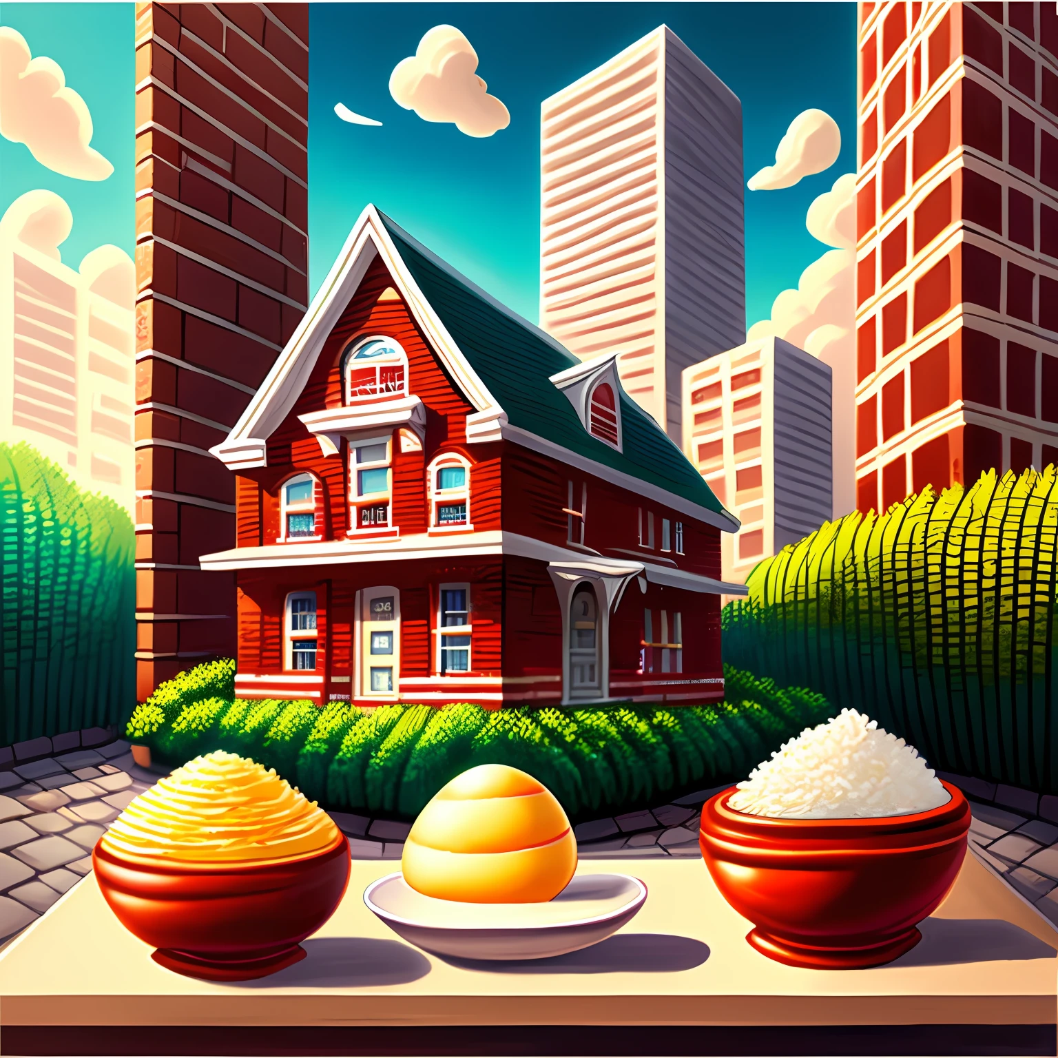 Fluffy egg omelet rice、Brick buildings、an oil painting、ketchup --auto