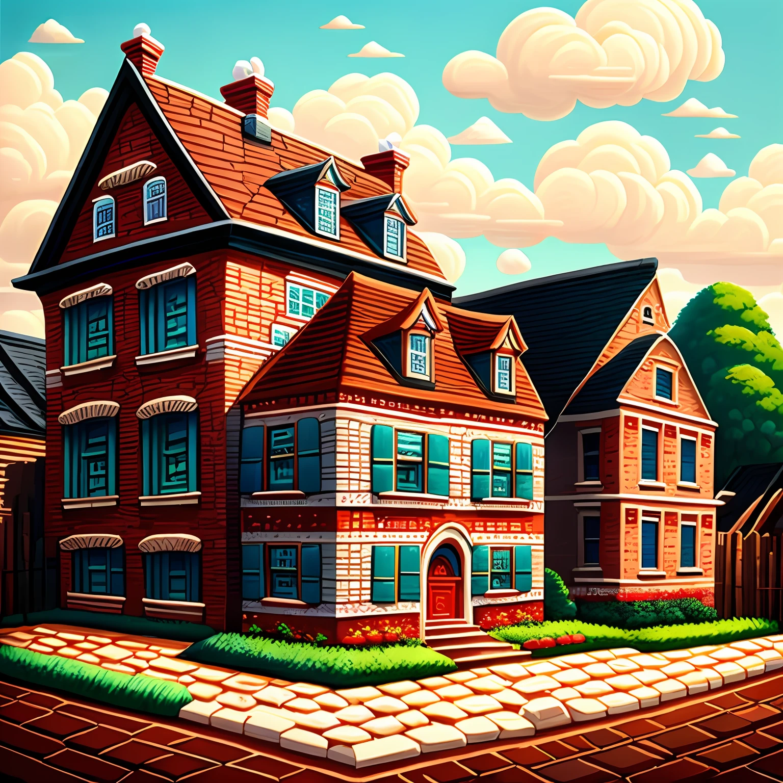 Fluffy egg omelet rice、Brick buildings、an oil painting、ketchup --auto