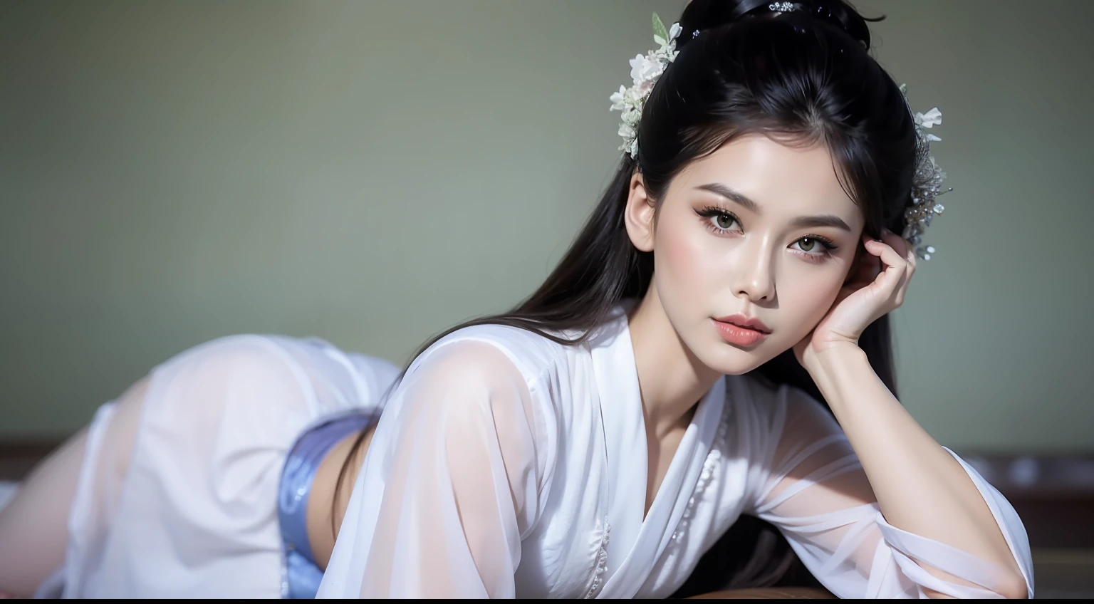 Fashion model 25 years old [[[[closeup cleavage]]]], [[[[boobgasm]]]], [[[[coll]]]], [[[[bshoulders]]]], perfect  eyes, Perfect iris，perfect lips，perfect teeth，Perfect skin，Long face，HDR，filmgirl，Lie down，long whitr hair，Pale green clothing，Lilac clothing，white apparel，（pastel colour：1.2）