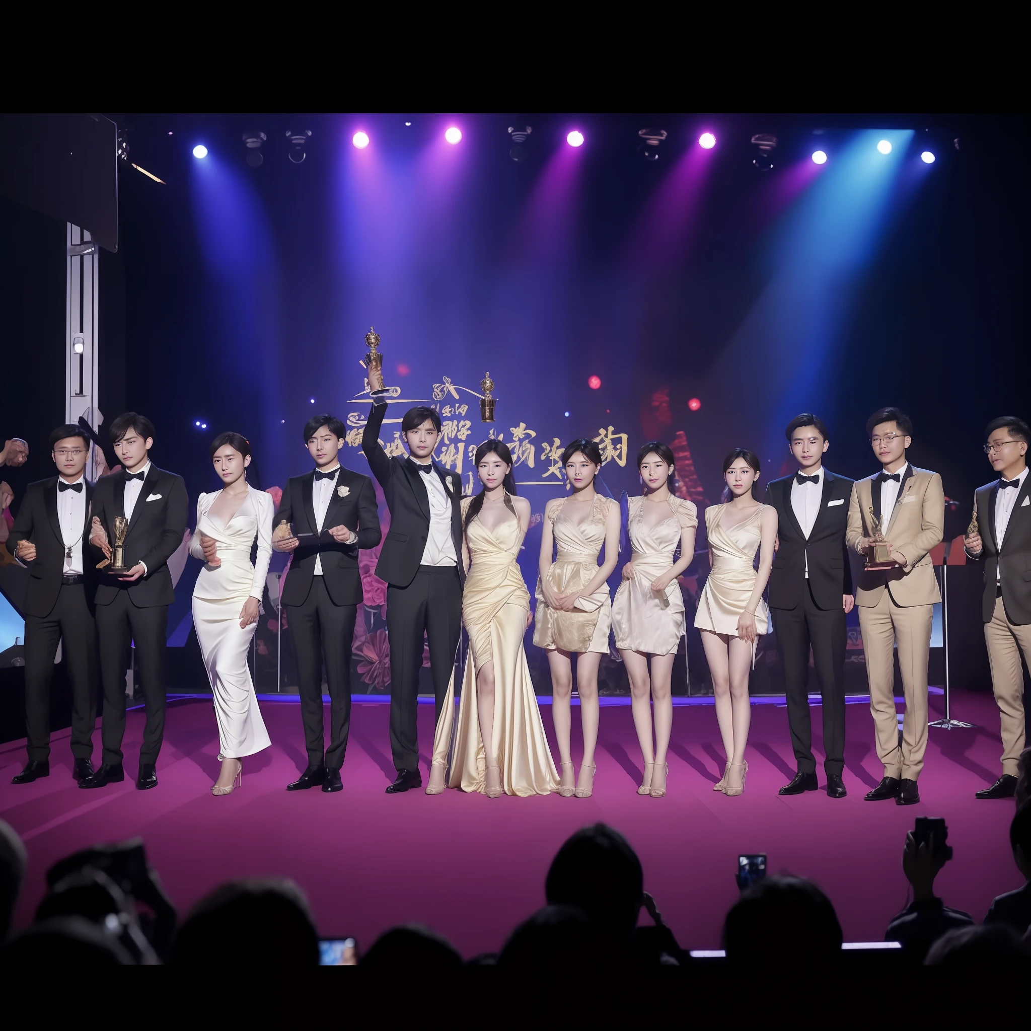 Several people stood on the large podium,Holding up trophies, Zhang Jingna, Cai Xukun, Group photo, yanjun cheng, CG Awards Gallery,Ruan Jia and Fenghua Zhong,Awards,A high resolution,Salon activities,Rich background lighting,The interior scene is luxurious,Long distance,The characters are half male and half male,The face is clear,Best quality at best,8K分辨率,highly-detailed face,Skin texture for all,Shot on Canon EOS R 6