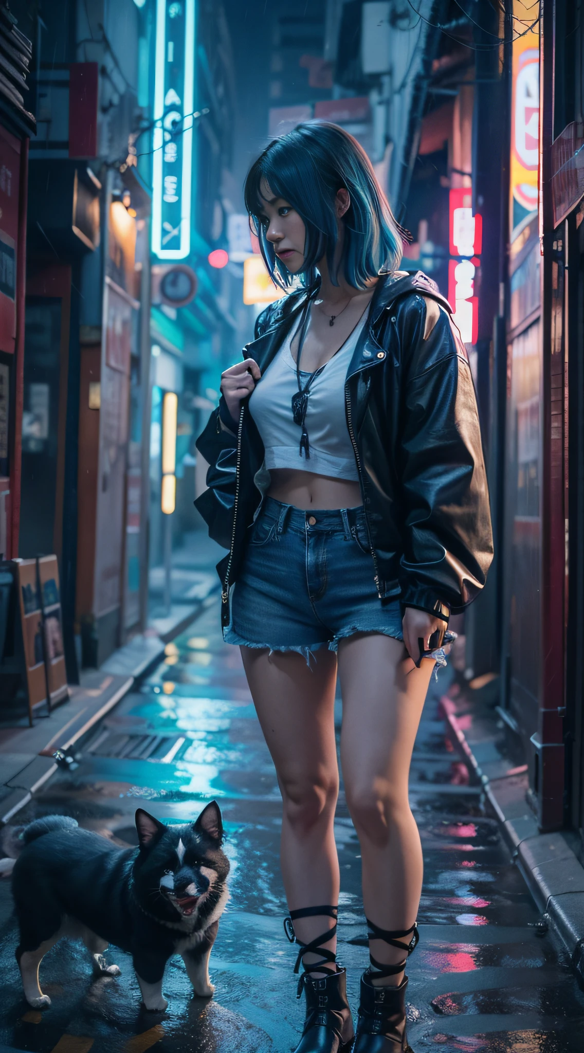 （best qualtiy，tmasterpiece：1.3）， 1girll， rainy days， mist， alleys， looking at viewert， blue  hair， facing the photo， Cyberpunk-city， Alone in the alley， Neon lights in the alley， Very reflective city， long whitr hair， Hair-sized strands cross the alley， Riman， jpn， toyko，Black high-waisted short skirt,thongs，Long black stockings， perfect hand，delicated，the night