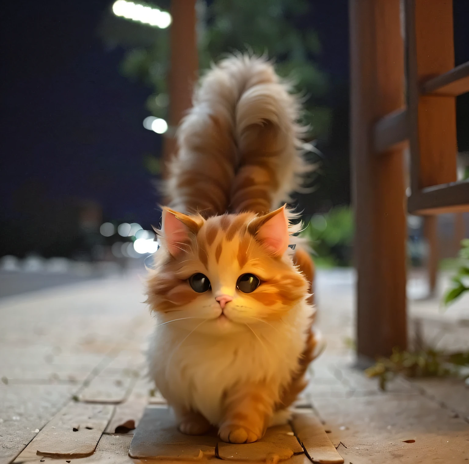 There is a cat walking on the sidewalk at night, Fluffy tail, thick fluffy tail, Furry cat, Cute cat, A cute cat, The cat is fluffy, the cat is walking, awesome cat, bushy tail, Cat tail, cute cat photo, beautiful cat, anime cat, thick tail, persian cat, Kawaii cat, with tail, Furry tail