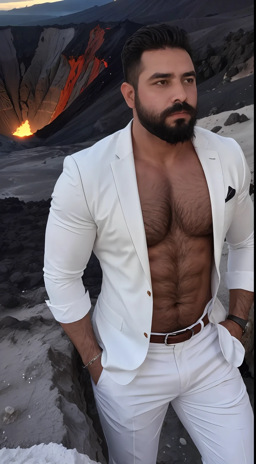 Manly man with beard and white clothes standing in the crater of a volcano, cuerpo musculoso, enfoque en el pectoral, pectorales grandes, pectorales sin vello, cara definida, obra de arte, pelo cepillado, piel morena