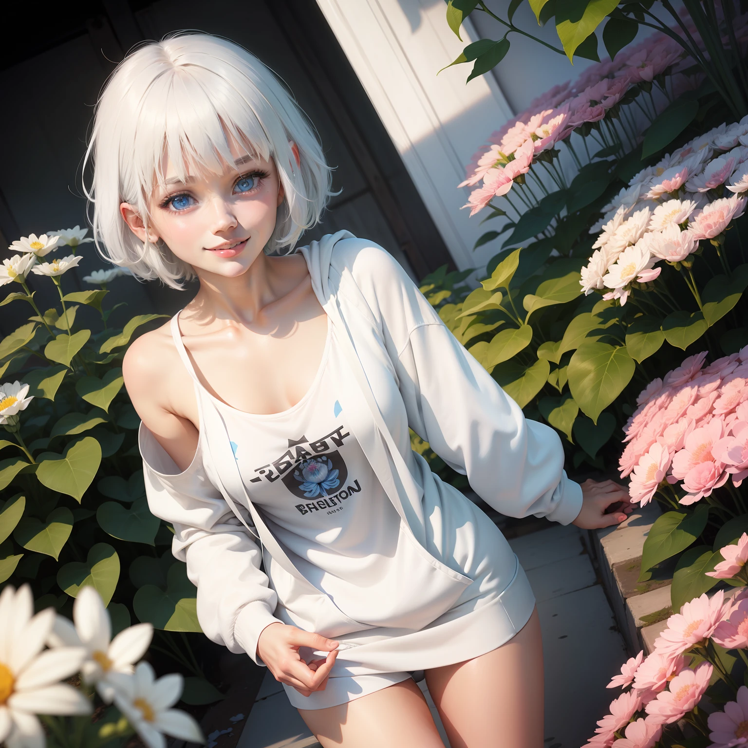 1 girl, beautiful, sky blue eyes, short shoulder-length hair, white hair, wearing a white hoodie, short black pants, smiling sweetly, in a flower garden