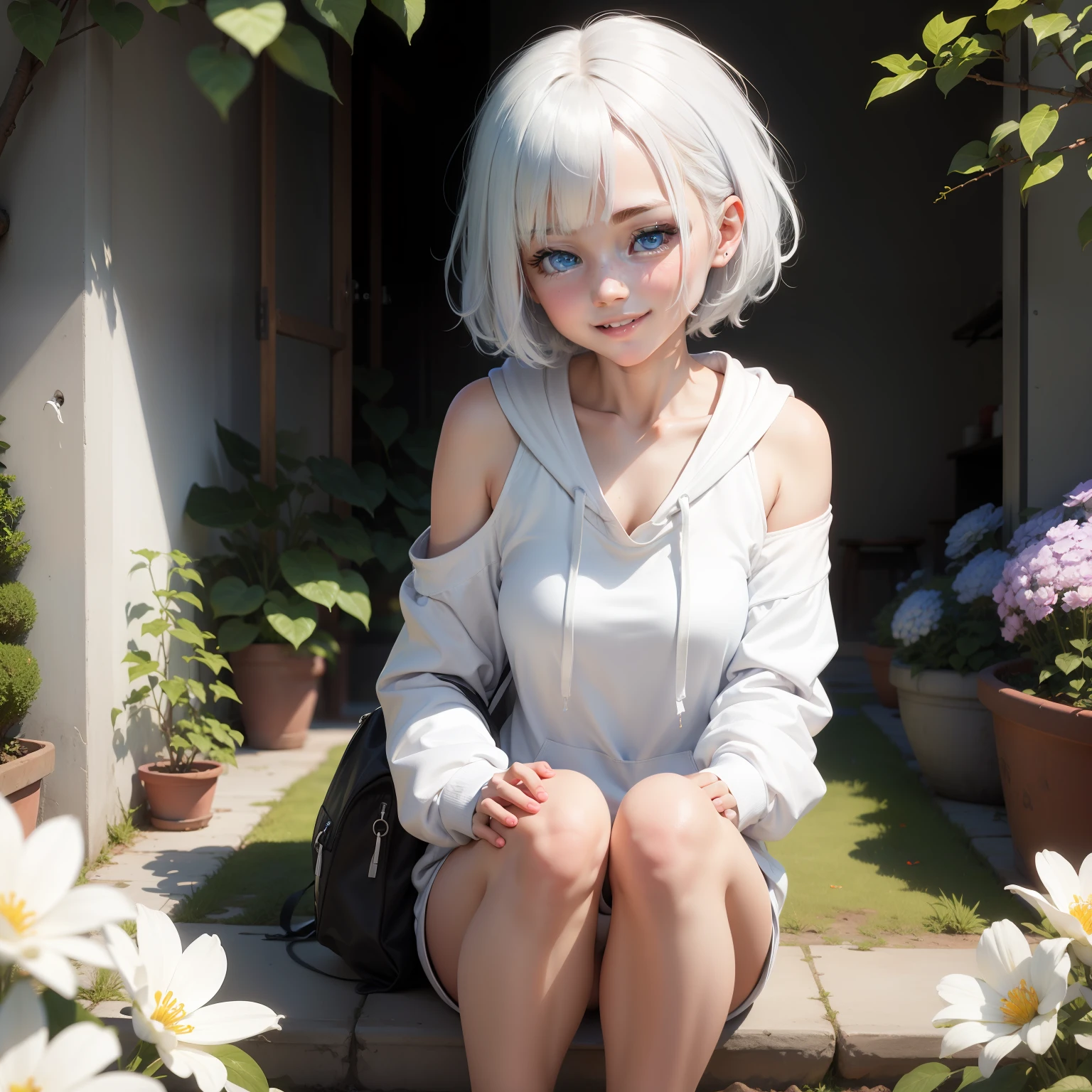 1 girl, beautiful, sky blue eyes, short shoulder-length hair, white hair, wearing a white hoodie, short black pants, smiling sweetly, in a flower garden