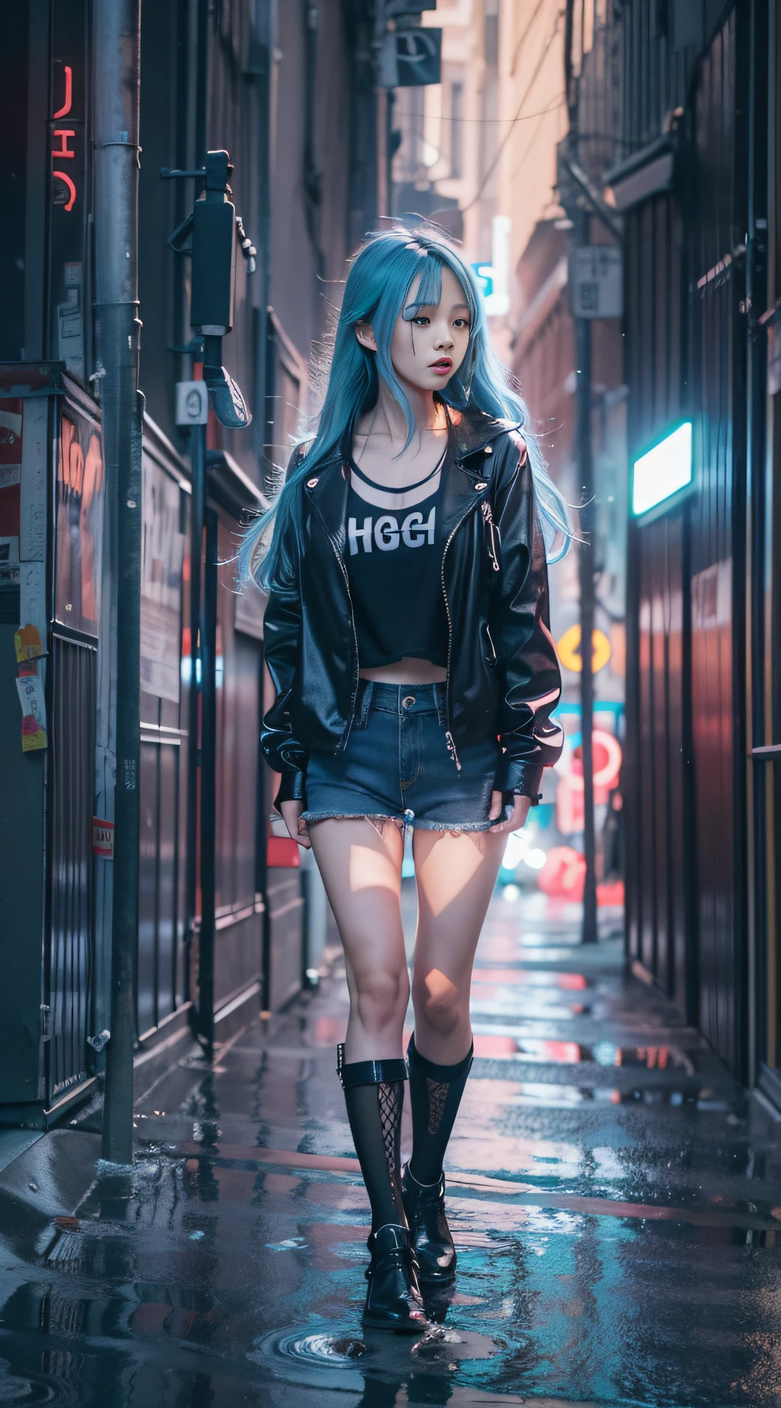 （best qualtiy，tmasterpiece：1.3）， 1girll， rainy days， mist， alleys， looking at viewert， blue  hair， facing the photo， Cyberpunk-city， Alone in the alley， Neon lights in the alley， Very reflective city， long whitr hair， Hair-sized strands cross the alley， Riman， jpn， toyko，Black high-waisted short skirt,thongs，Long black stockings， perfect hand，delicated，the night