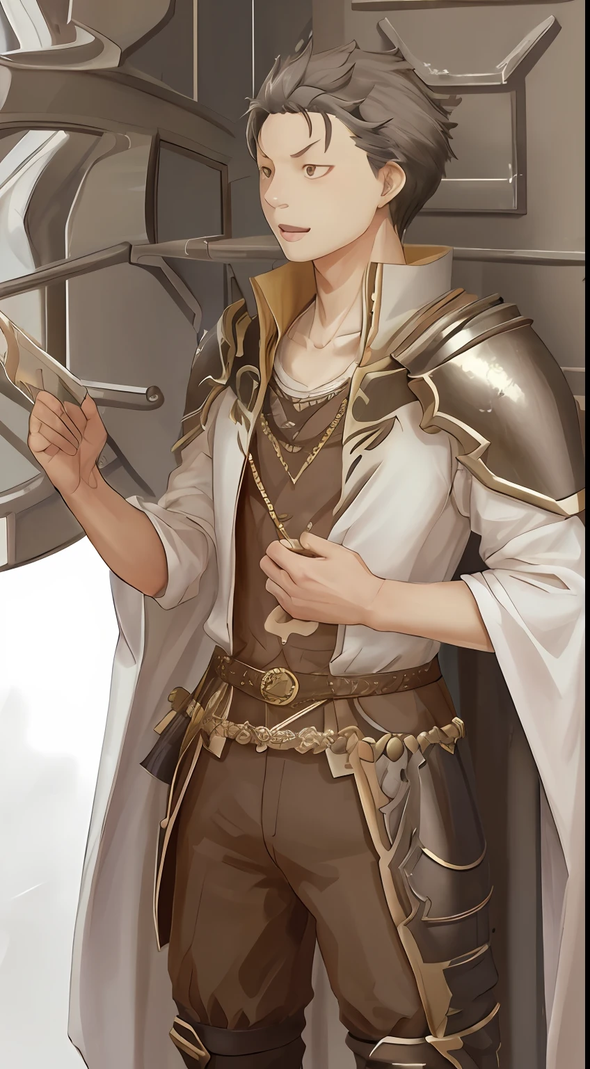 （1 Adult male），A high resolution， Sharp focus， Pixiv masterpiece， （（Complicated details））， highly  detailed， natsuki_subaru， 1 man， with her mouth open，drools，full bodyesbian， Golden eyes（eyes glowing）， with short white hair，Armour，cloaks，Shoulder armor，perspire，look from down