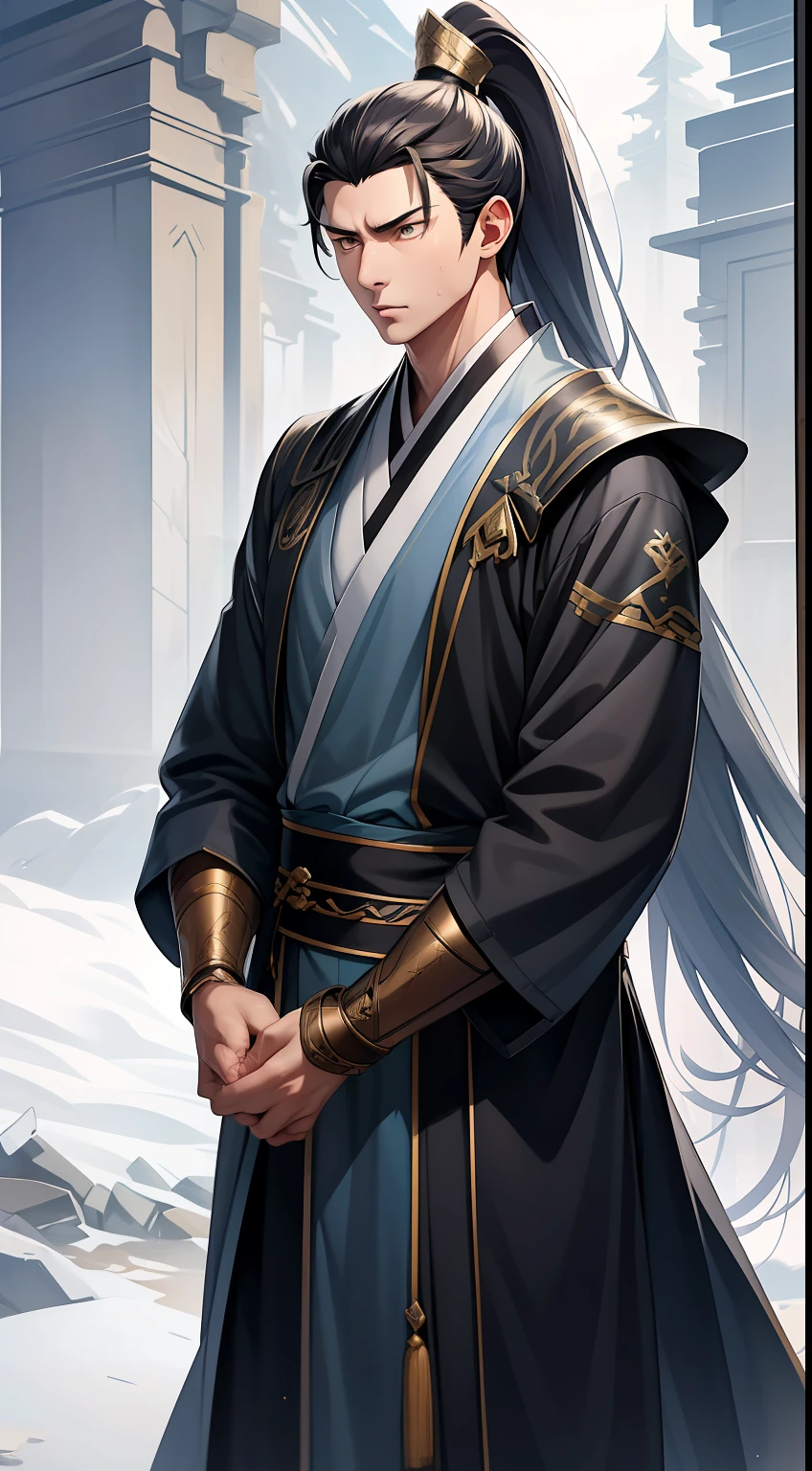quadratic element，style of anime，mtu（Male Warrior），The proportions are correct，Face details，swordsmen，High ponytail hairstyle，Neck details，There is an Adam's apple，Black Hanfu，kaftan，Embroidered robes，Black robe，clothes details，Handing over，longer sleeves，Game quality，Swordsmanship，Light and shadow tracking，Ray traching，detailed glow，cg render，hair detail，long  white hair，Black eyes，Handsome，Handsome，（juvenile sense），Clothing is complicated，Perfectcomposition，Refinement，high qulity，higher details，Lots of details，The background is complex，a sense of atmosphere，