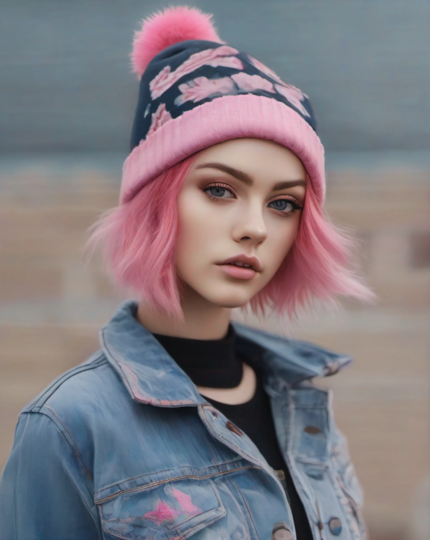 mid body photo, detailed portrait of a beautiful girl, pink hair, short hair, wearing a beanie, realistic, photography, wearing a (blue crop jacket), wearing a (black bodysuit), masterpiece, best quality