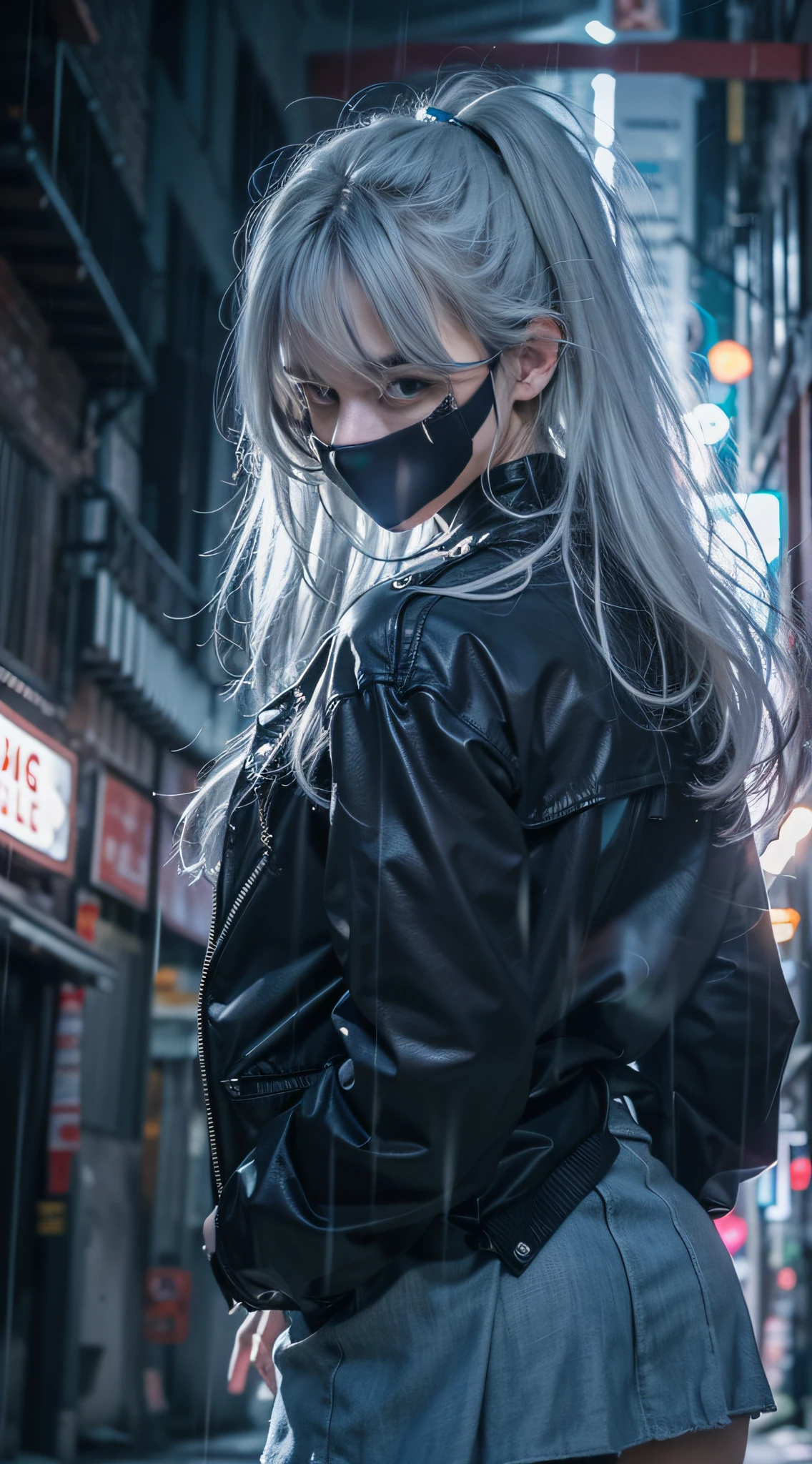 (best qualtiy,tmasterpiece:1.3), 1girll, rainy days, mist, alleys, looking at viewert, blue hair, facing the photo, Cyberpunk-city, Alone in the alley, Neon lights in the alley, Very reflective city, long whitr hair, Hair-sized strands cross the alley, Riman, jpn, toyko,Black high-waisted short skirt,thongs,Long black stockings, perfect hand,delicated,the night