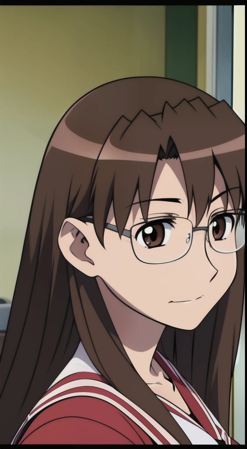 Koyomi mizuhara, Brown hair, long hair,Bangs, glasses, Japanese, Face Portrait, Red seifuku uniform