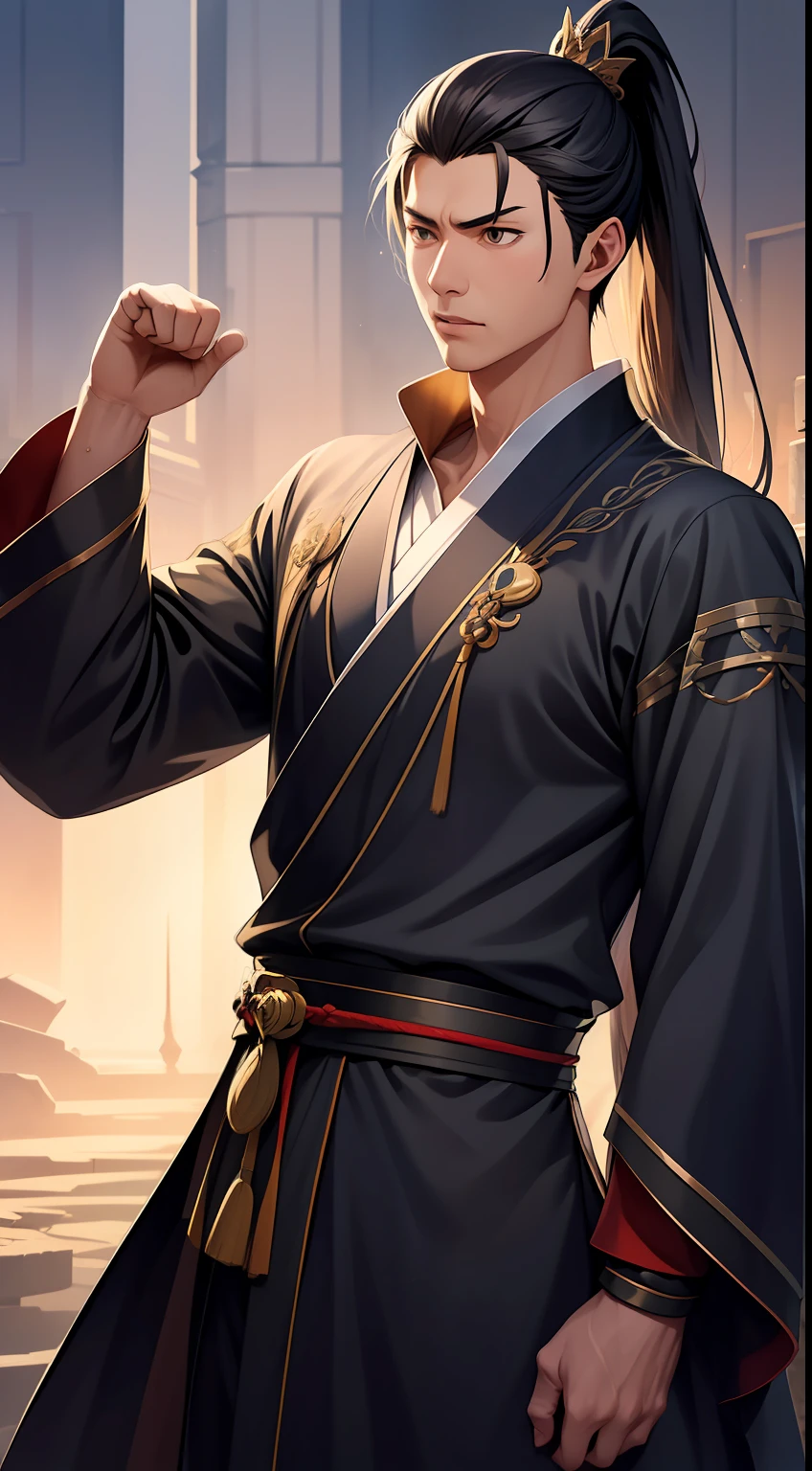 quadratic element，style of anime，mtu（Male Warrior），The proportions are correct，Face details，swordsmen，High ponytail hairstyle，Neck details，There is an Adam's apple，Black Hanfu，kaftan，Embroidered robes，Black robe，clothes details，Handing over，longer sleeves，Game quality，Swordsmanship，Light and shadow tracking，Ray traching，detailed glow，cg render，hair detail，long  white hair，Black eyes，Handsome，Handsome，（juvenile sense），Clothing is complicated，Perfectcomposition，Refinement，high qulity，higher details，Lots of details，The background is complex，a sense of atmosphere，