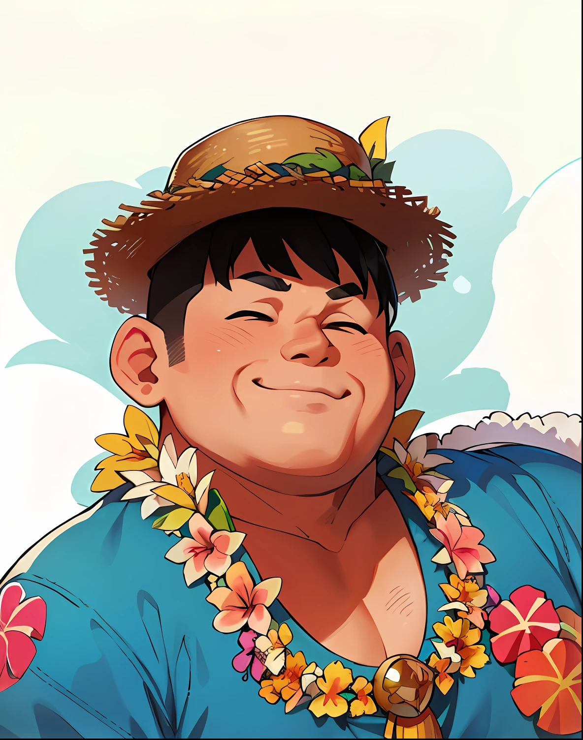 Hawaiian men，Squint happily，A wreath is worn around his neck，Wear a floral shirt，