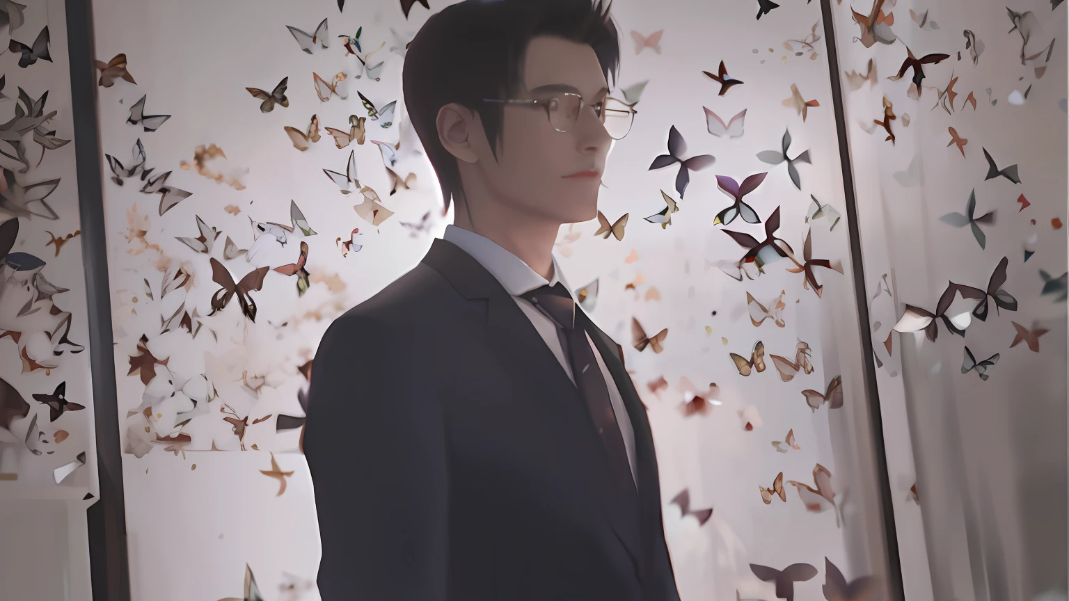There was a man in a suit, tie and glasses standing in front of the wall，The walls are covered with butterflies, screenshots from movies, he is wearing a suit, still from live action movie, Inspired by Zhang Han, inspired by Byeon Sang-byeok, a still of an ethereal, live-action movie scenes, korean artist, still frame from a movie