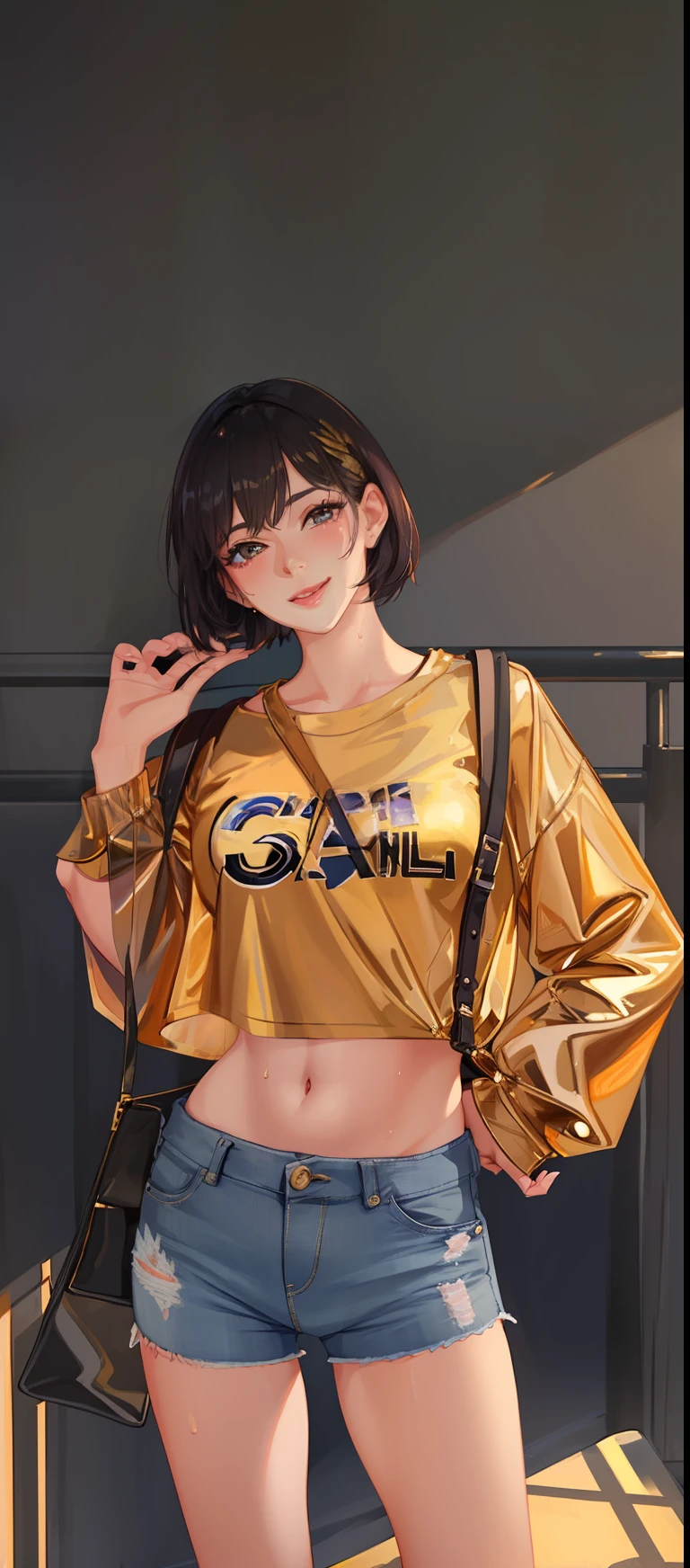 1 girl, beautiful woman, short hair, detail on face, detail, shiny sweaty skin, 24k, realistic, very detailed, lofi girl, visible belly button, mini short jeans, ideal body, right hand on hips, left hand on hair , seductive smile, wearing casual.
