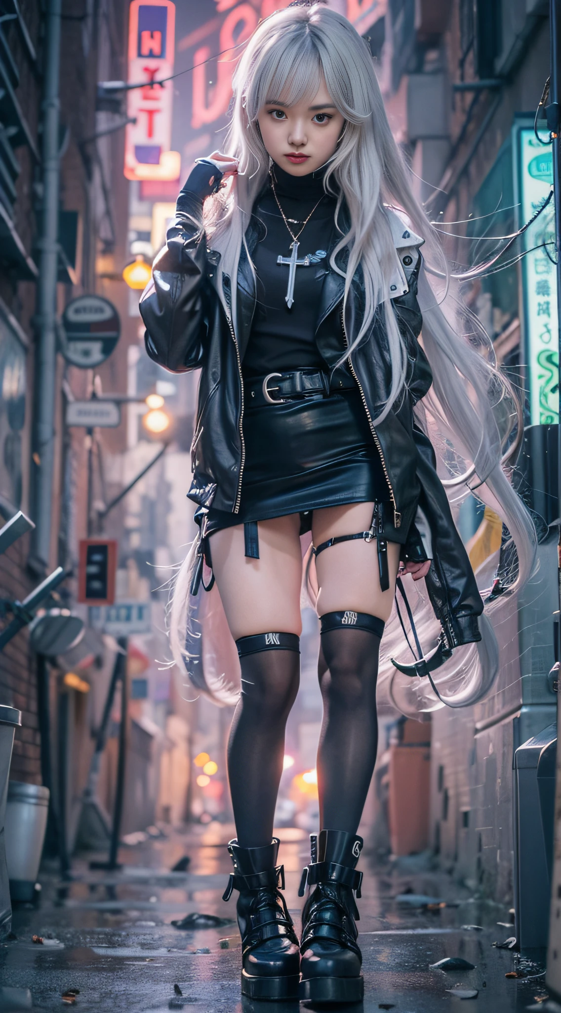 （best qualtiy，tmasterpiece：1.3）， 1girll， rainy days， mist， alleys， looking at viewert， blue  hair， facing the photo， Cyberpunk-city， Alone in the alley， Neon lights in the alley， Very reflective city， long whitr hair， Hair-sized strands cross the alley， Riman， jpn， toyko，Black high-waisted short skirt,thongs，Long black stockings， perfect hand，delicated，the night
