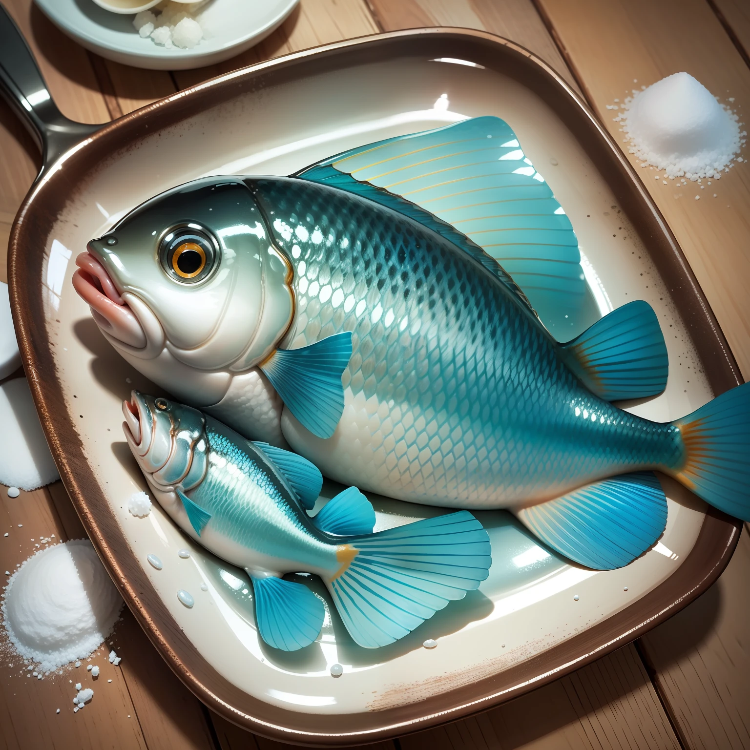 sardineThe fish hangs a white salt shaker above the fish's headThe salt in the salt shaker is sprinkled on the fishCartoon simplification,The main color is blue