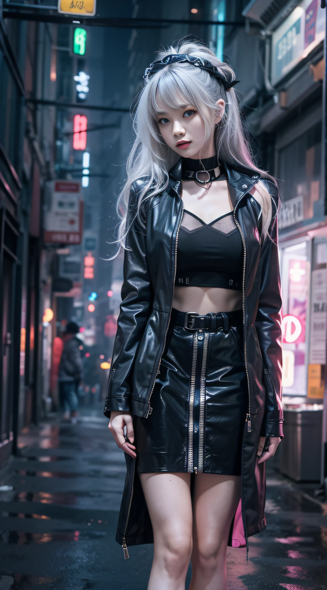 (best qualtiy,tmasterpiece:1.3), 1girll, rainy days, mist, alleys, looking at viewert, Silver-gray hair, facing the photo, Cyberpunk-city, Alone in the alley, Neon lights in the alley, Very reflective city, long whitr hair, Hair-sized strands cross the alley, Riman, jpn, toyko,Black high-waisted short skirt,thongs,Long black stockings, perfect hand,delicated,the night