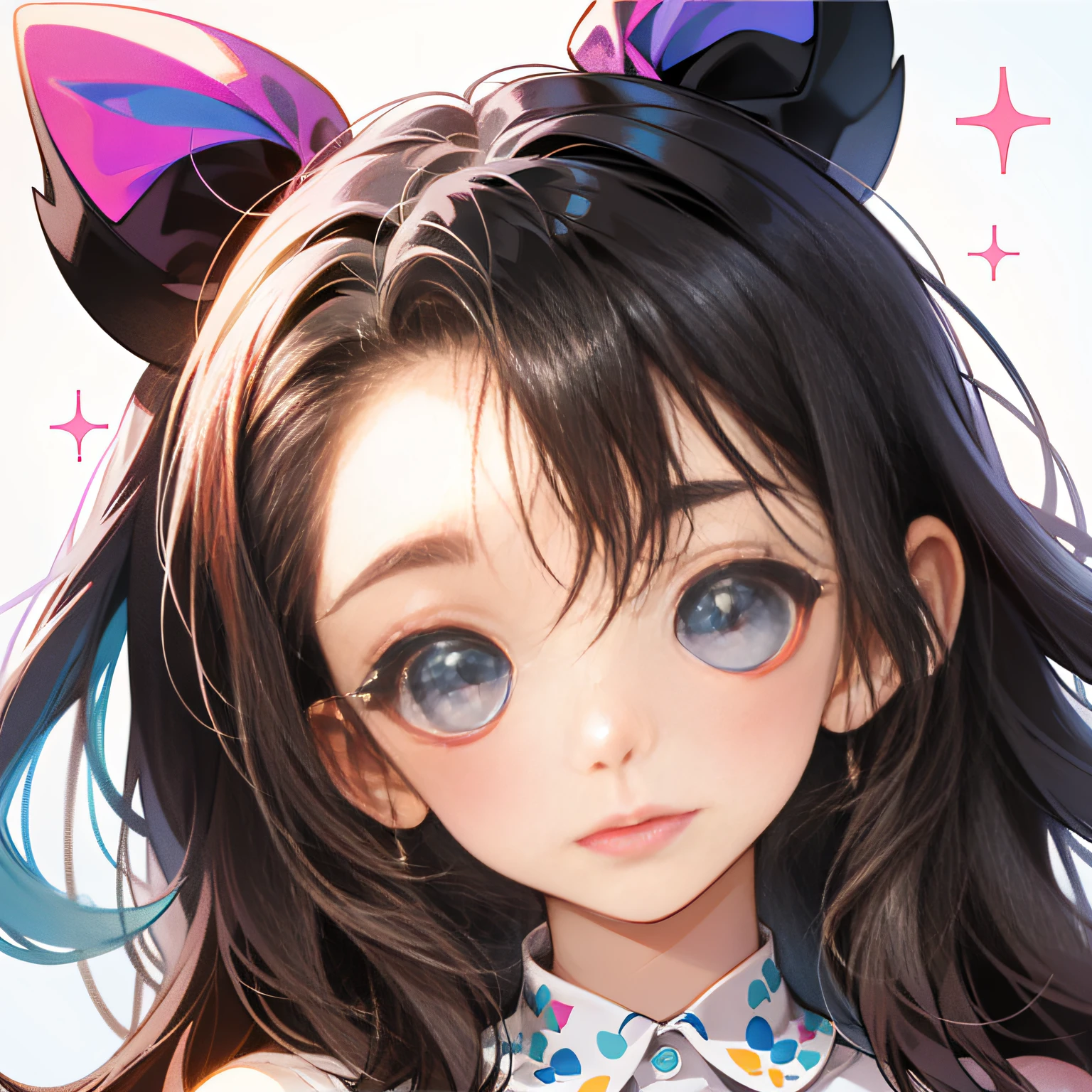 perfect-composition、Perfect pictorial composition、Cartoon girl with long hair、cartoon artstyle、Cartoon Cute Girl、Chibi Girl、Chibi、cute cartoon style、Cute art style、Cartoon style、Cartoon style illustration、Digital art of cartoons、Cute digital art、Cute anime girl、Chibi、estilo chibi、Kawaii Girl、an anime drawing、pop-art、Cartoon style illustration、3Equivalent、Head large、kawaii eyes、Glitter eyes、Sparkling eyes、kawaii faces、Innocent face、smooth hair、Black Color Ribbon、Girl in polka dot dress, cute kawaii girl, Cute anime girl, The upper part of the body、oblique、tchibi、Has a small、Mini、Chibi、Hair is grated、Hair does not tie、Wearing a red ribbon in her hair、、Horizontal oblique orientation、Facing diagonally to the side、White background