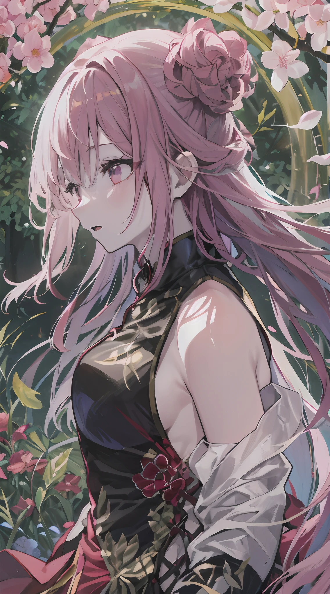 top-quality, Ink painting style, Fresh and elegant, Clear lake, The cherry blossoms set as the sun sets,White color hair, Black cheongsam gold pattern girl, Ride the flower wind to blow your head, A forest dotted with green leaves, Birds sing happily, A poetic scene