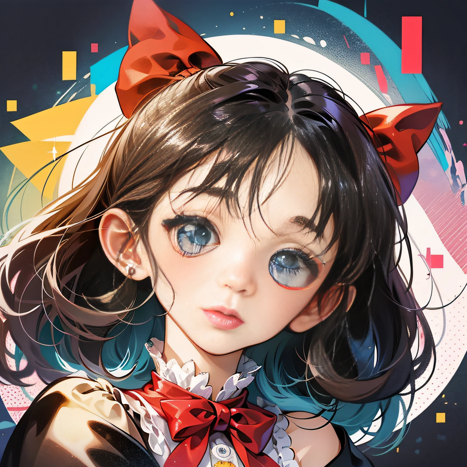 perfect-composition、Perfect pictorial composition、Cartoon girl with long hair、cartoon artstyle、Cartoon Cute Girl、Chibi Girl、Chibi、cute cartoon style、Cute art style、Cartoon style、Cartoon style illustration、Digital art of cartoons、Cute digital art、Cute anime girl、Chibi、estilo chibi、Kawaii Girl、an anime drawing、pop-art、Cartoon style illustration、３Equivalent、Head large、kawaii eyes、Glitter eyes、Sparkling eyes、kawaii faces、Innocent face、smooth hair、Black Color Ribbon、Girl in polka dot dress, cute kawaii girl, Cute anime girl, The upper part of the body、oblique、tchibi、Has a small、Mini、Chibi、Hair is grated、Hair does not tie、Wearing a red ribbon in her hair、、Horizontal oblique orientation、Facing diagonally to the side、White background