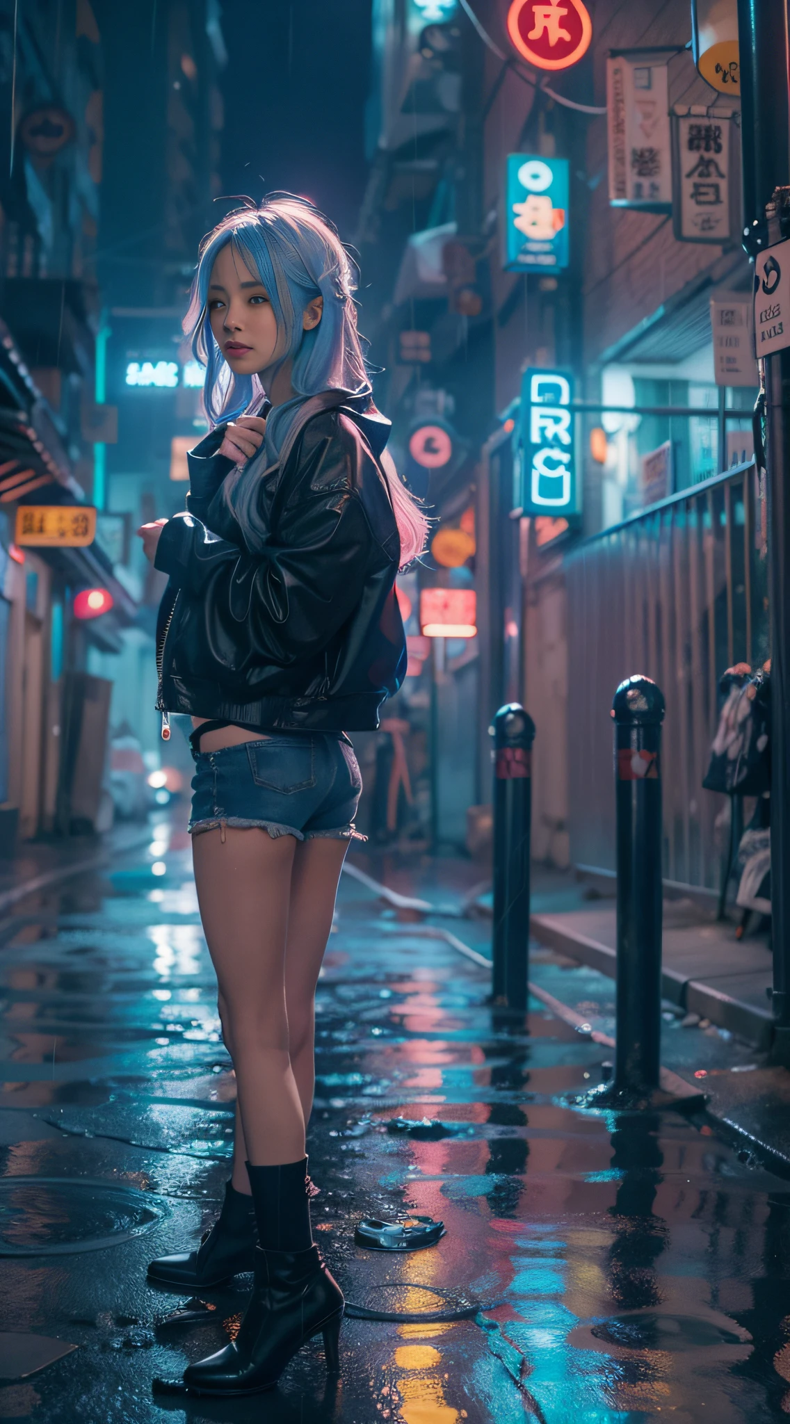 (best qualtiy,tmasterpiece:1.3), 1girll, rainy days, mist, alleys, looking at viewert, blue hair, facing the photo, Cyberpunk-city, Alone in the alley, Neon lights in the alley, Very reflective city, long whitr hair, Hair-sized strands cross the alley, Riman, jpn, toyko,Black denim shorts,thongs,blackstockings, perfect hand,delicated,the night
